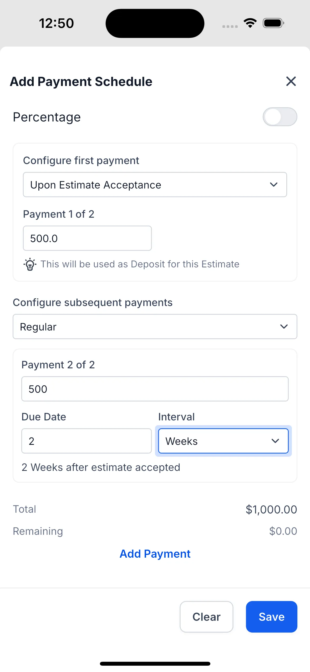 Estimate payment schedule setup