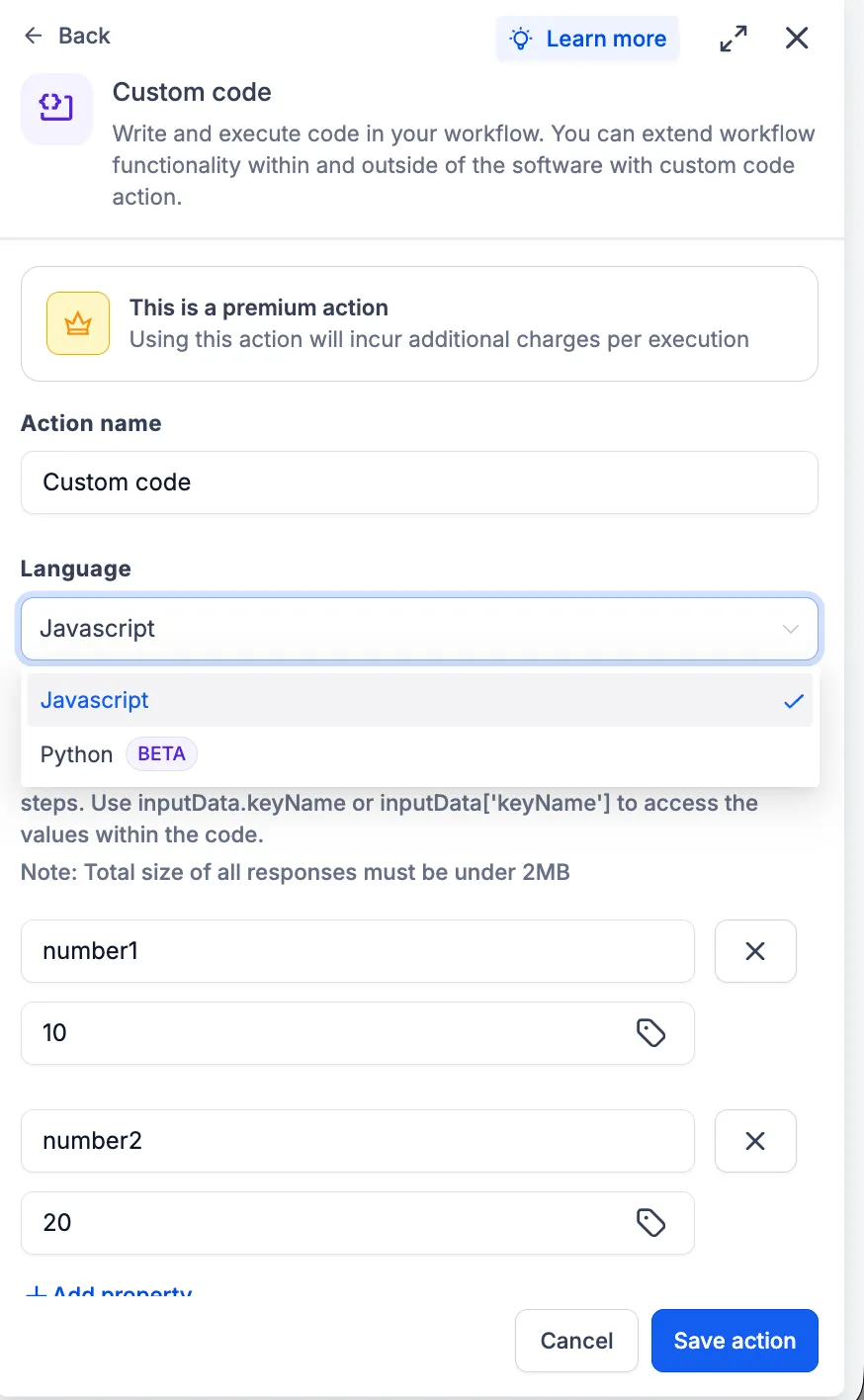 Python language option in Custom Code Actions