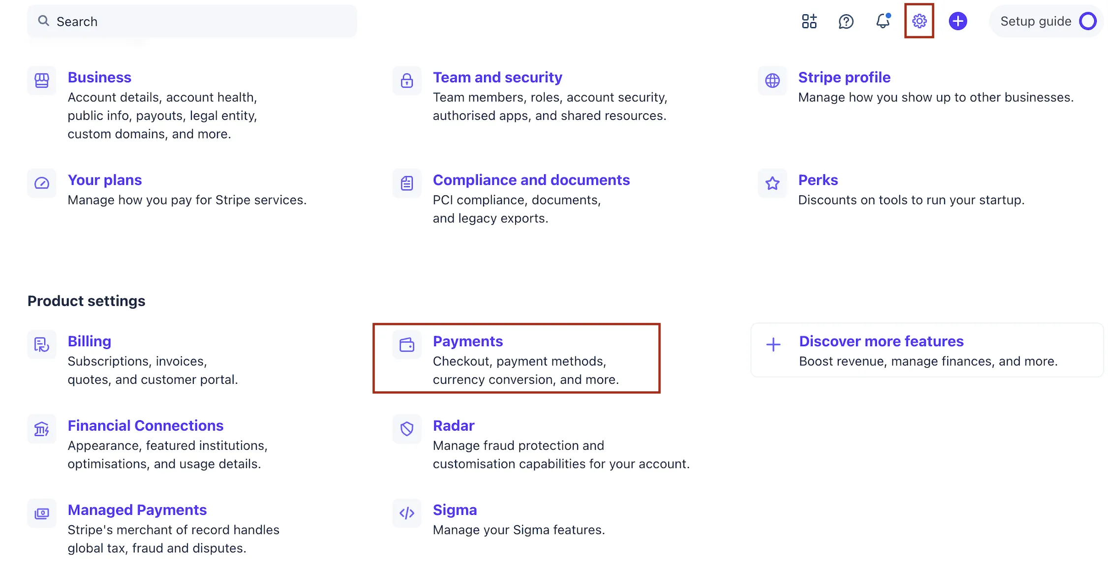 Stripe payment settings