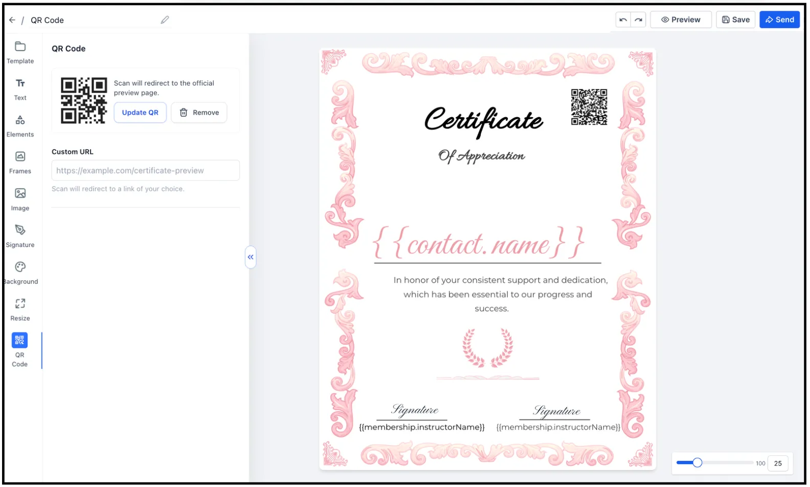 Certificate QR code settings