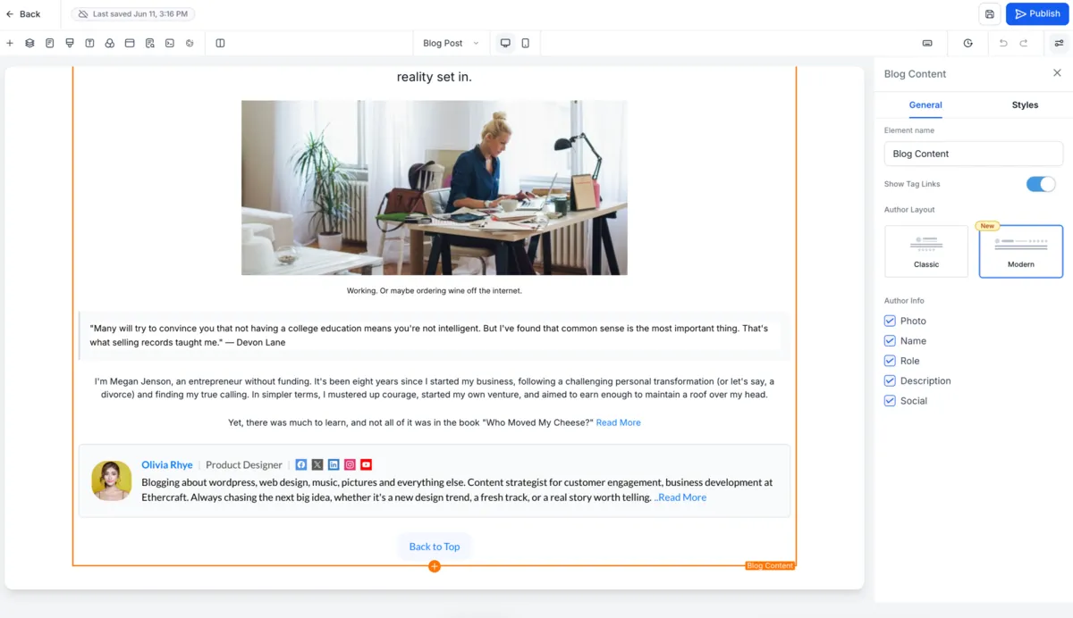 Blog author layout settings