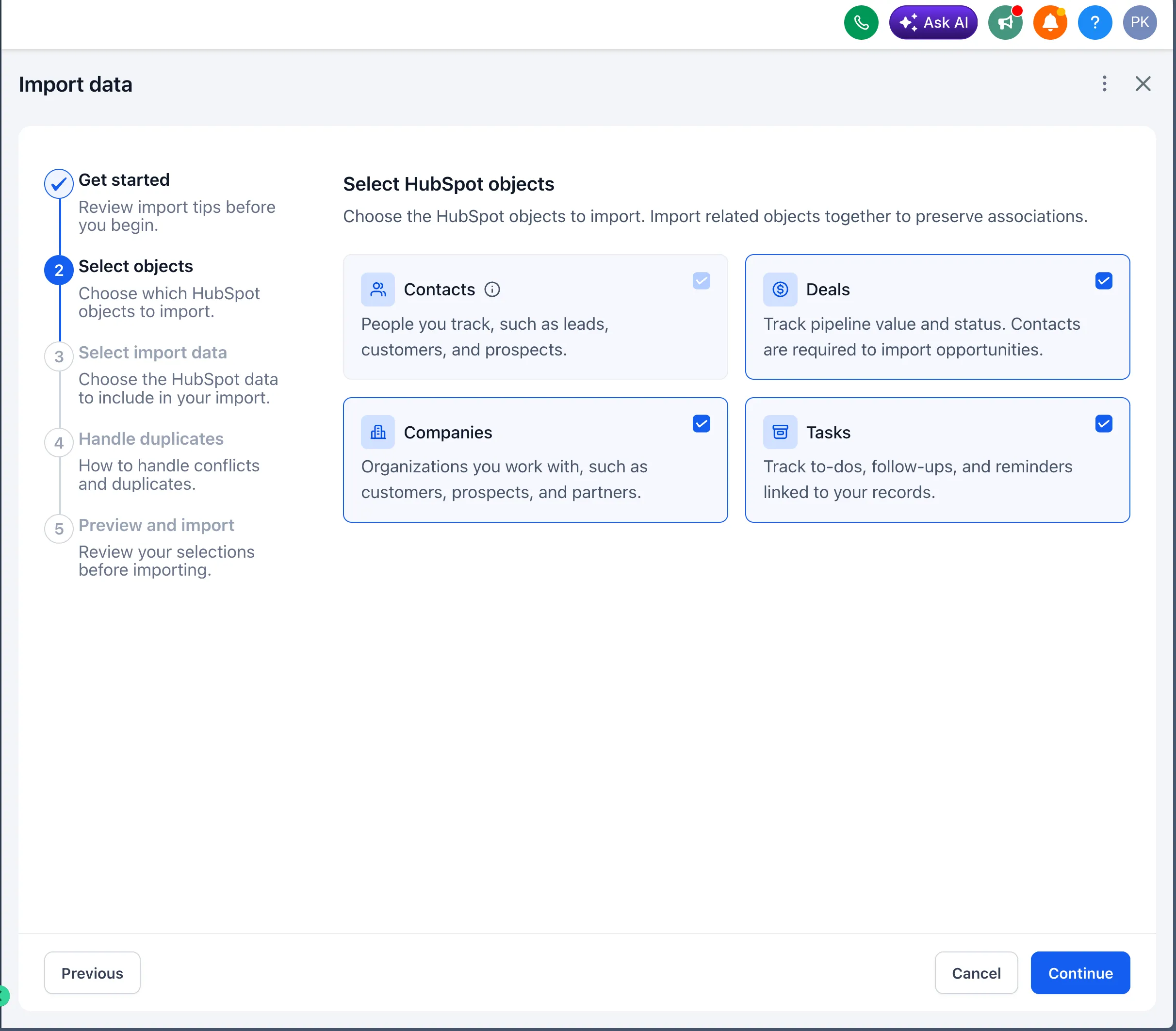 HubSpot import options in SMBcrm