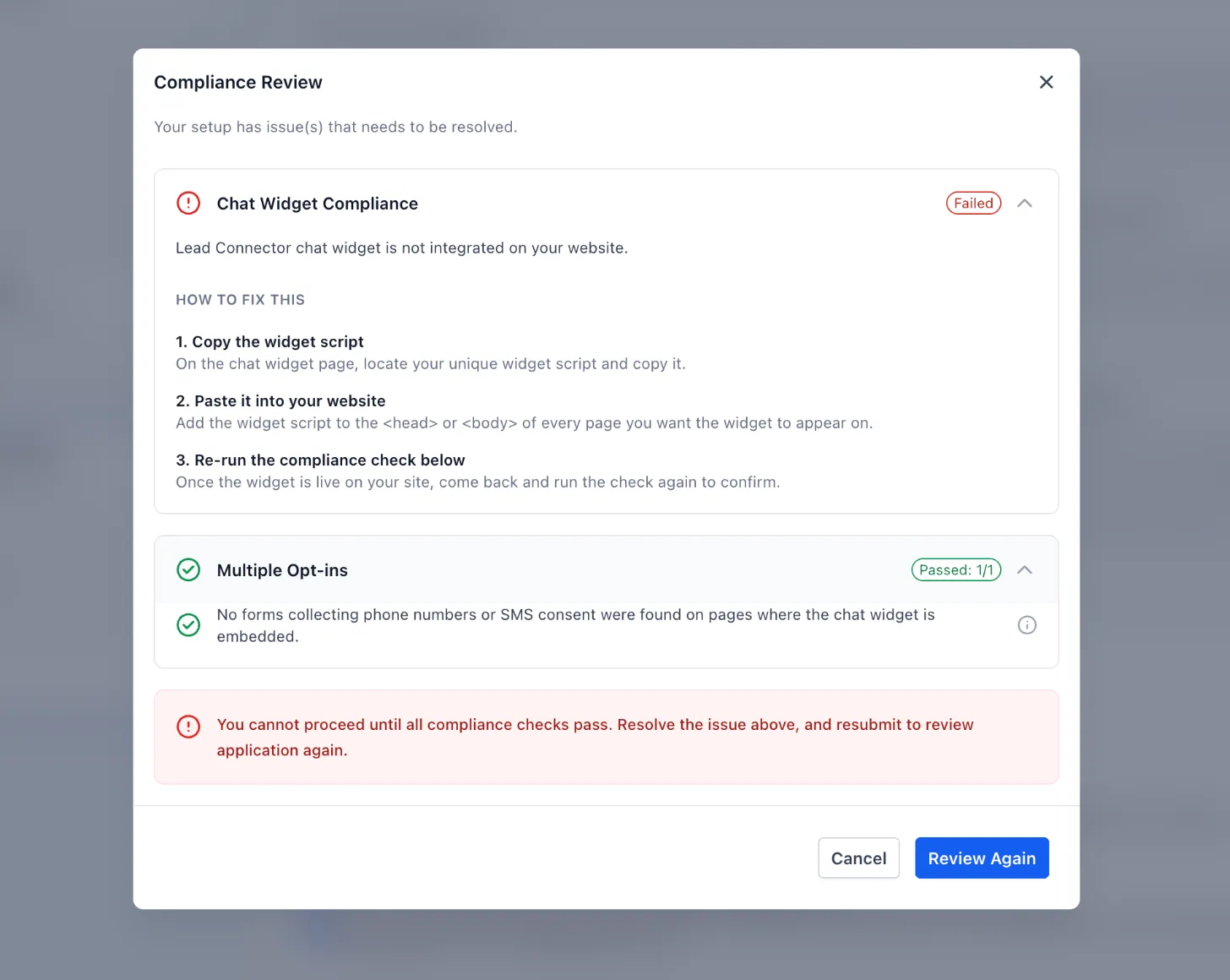 Compliance Review modal showing the chat widget installation check