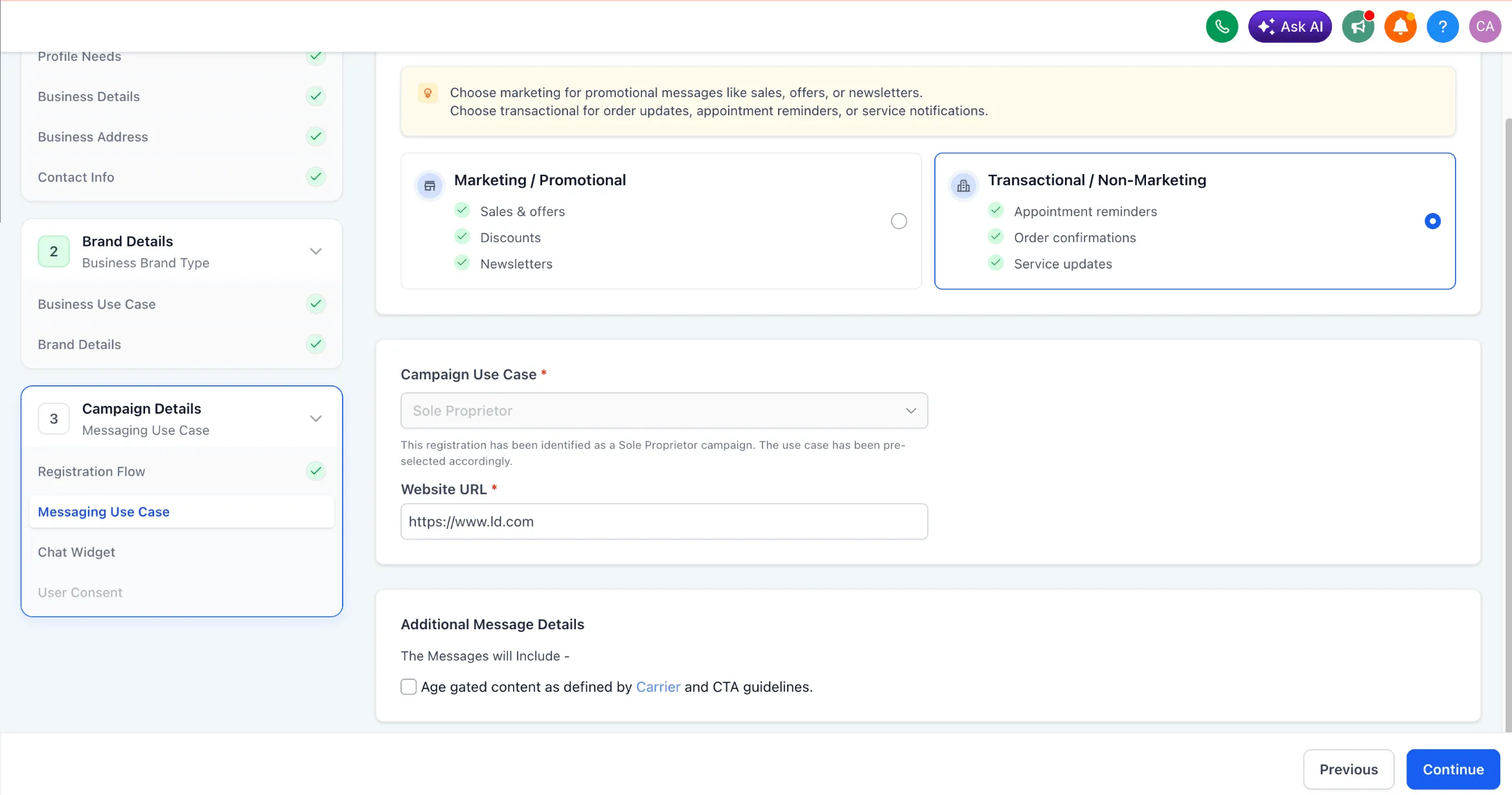 Chat widget A2P registration flow for Sole Proprietor accounts