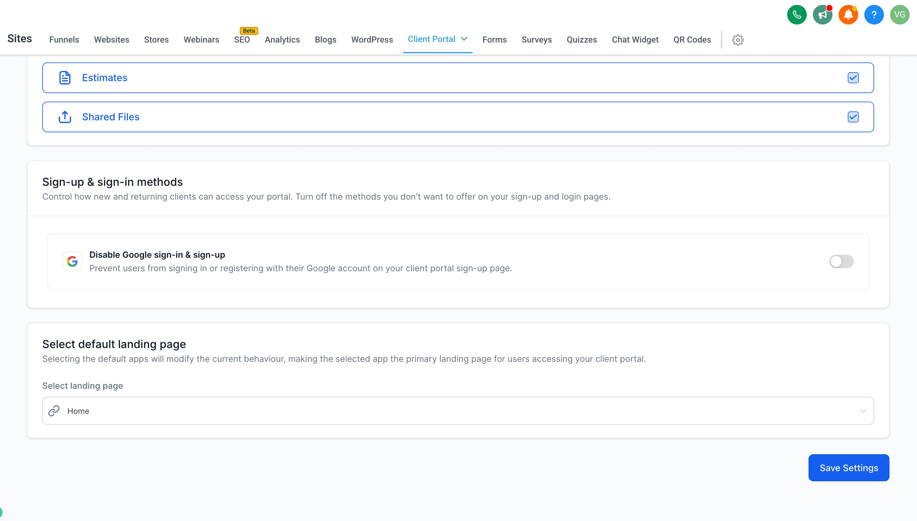 Google Sign-In setting in Client Portal app permissions
