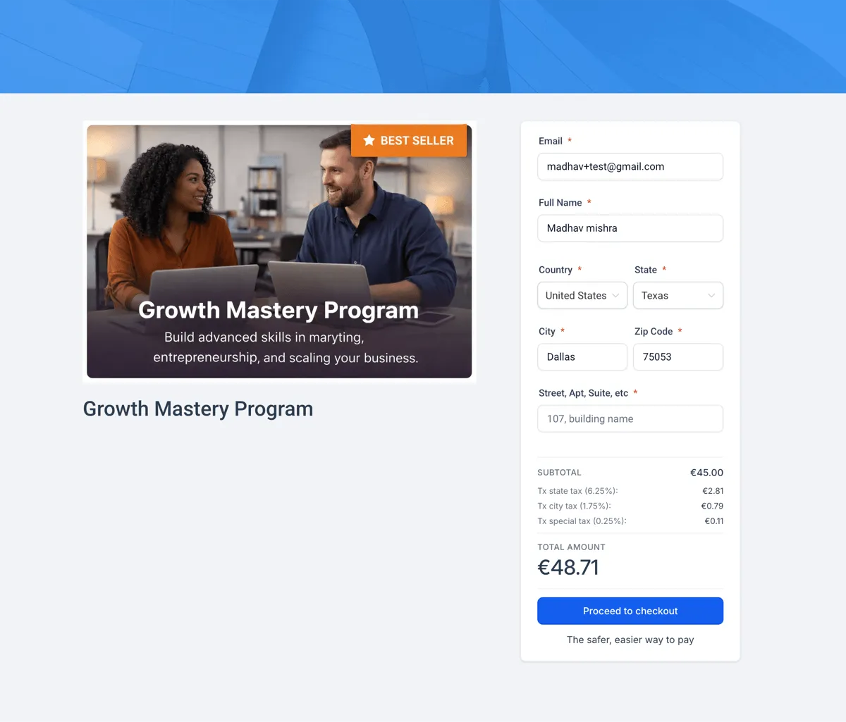 Course checkout tax support screenshot
