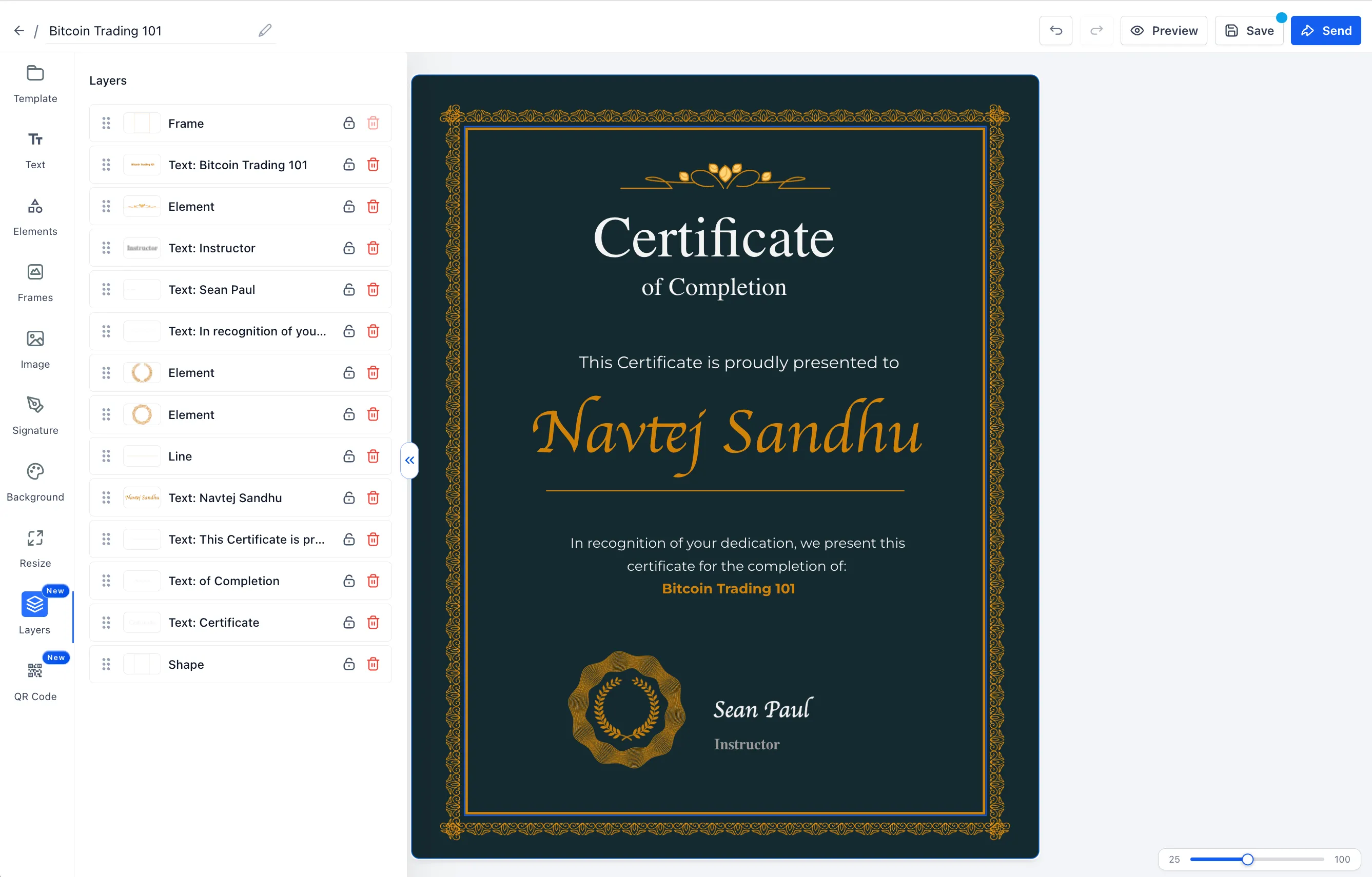 Layers panel in the Certificate and Badge Builder