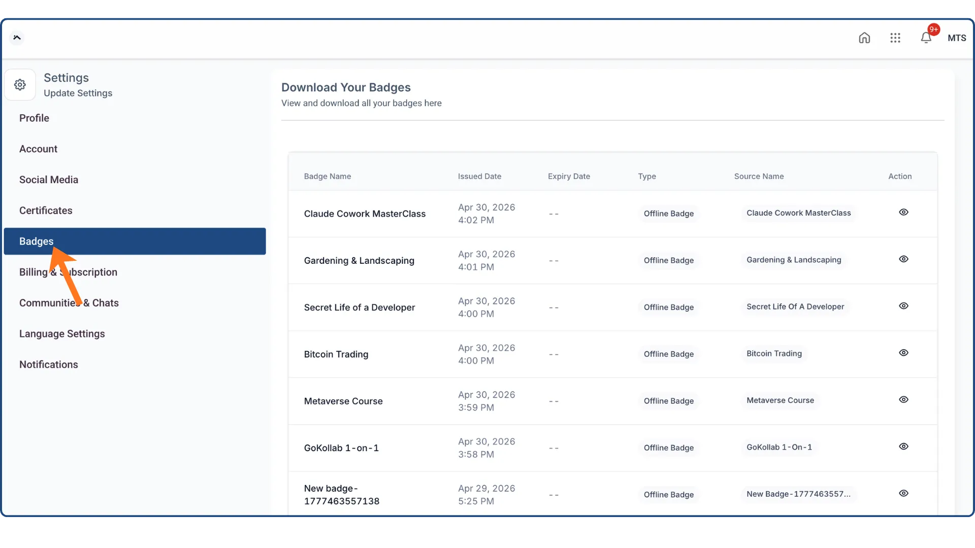 Badges tab in the Client Portal