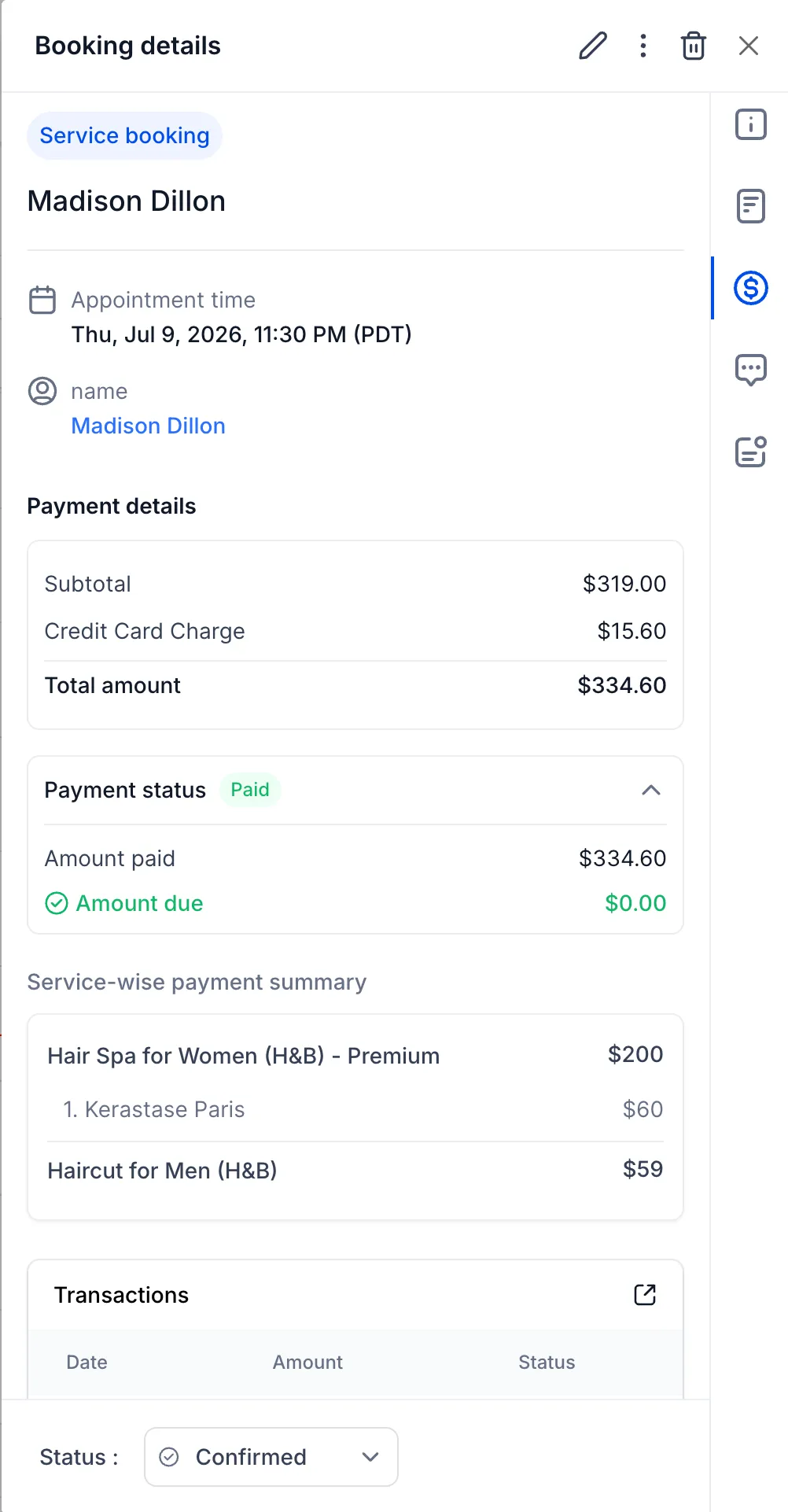 Service booking editing screen