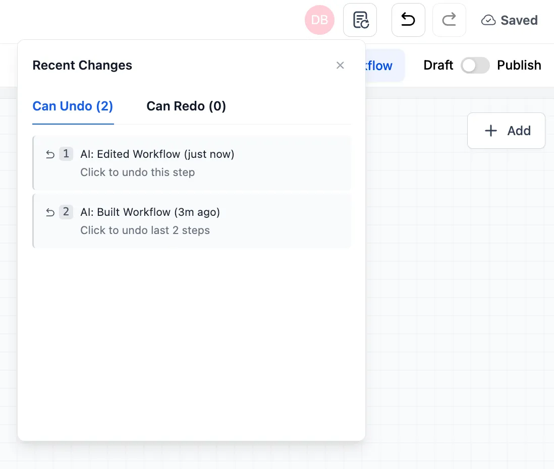 Recent change tab in Workflow Builder