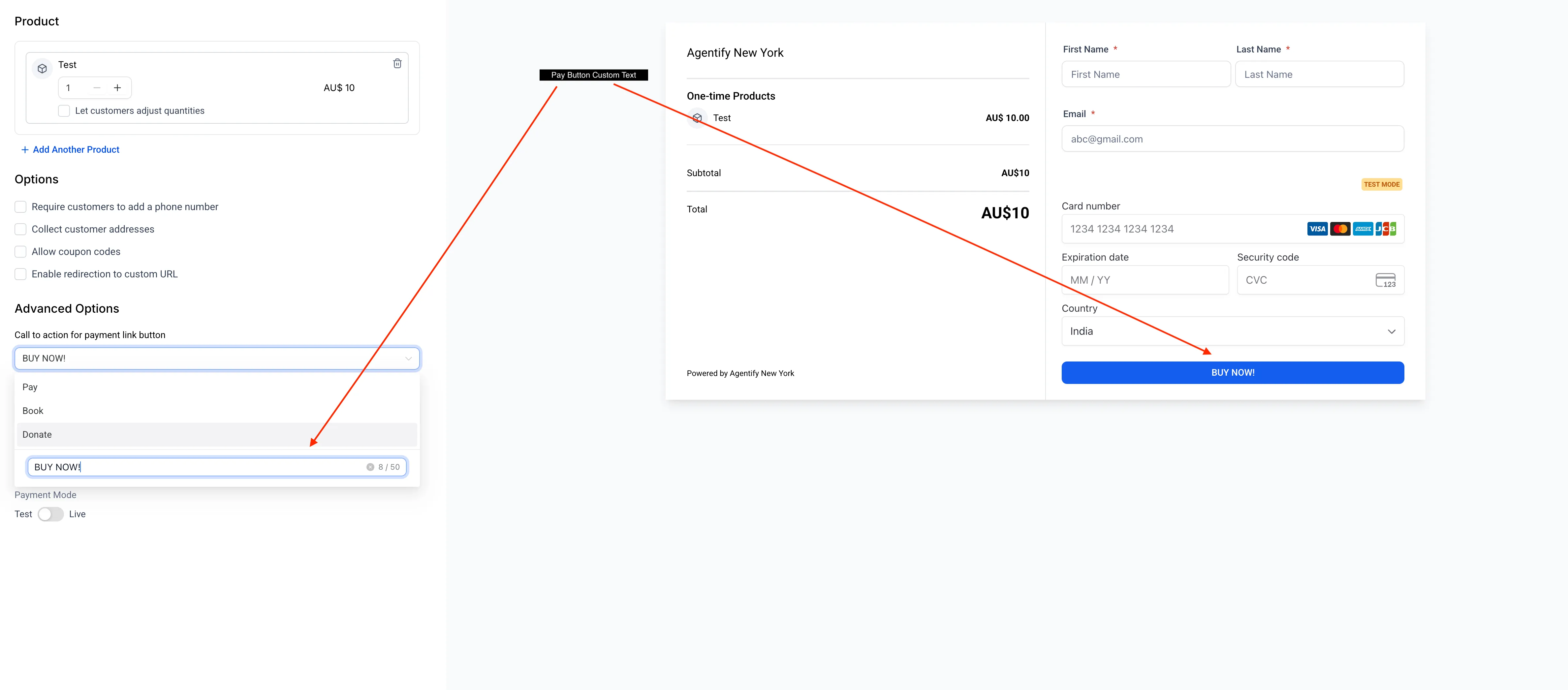 Payment Link custom button text field