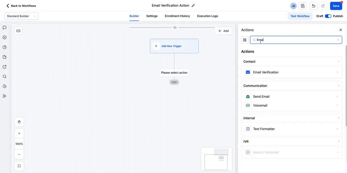 Email verification action in workflows