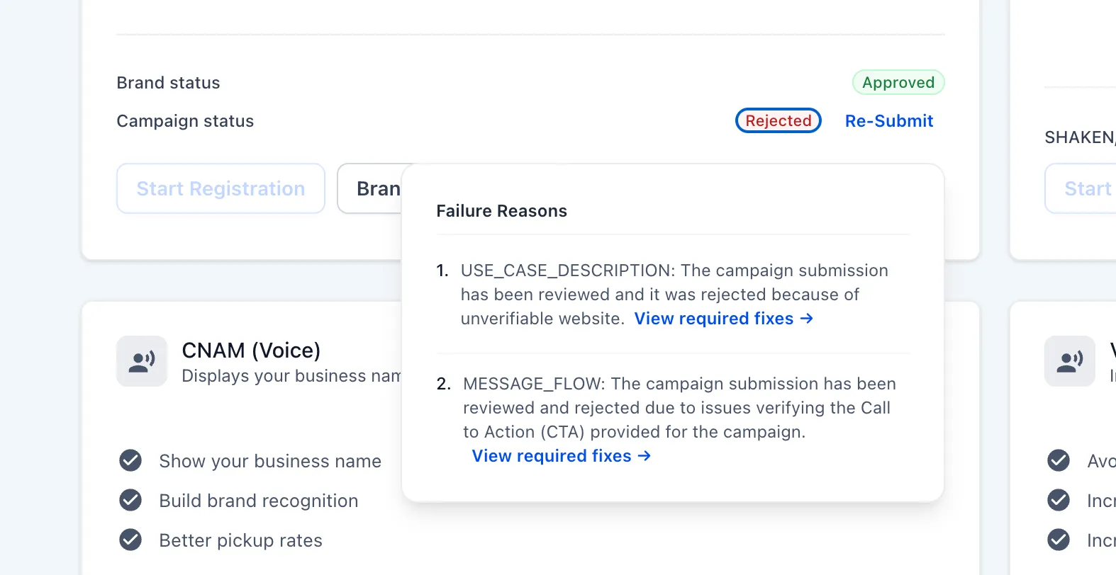 A2P campaign rejection feedback link