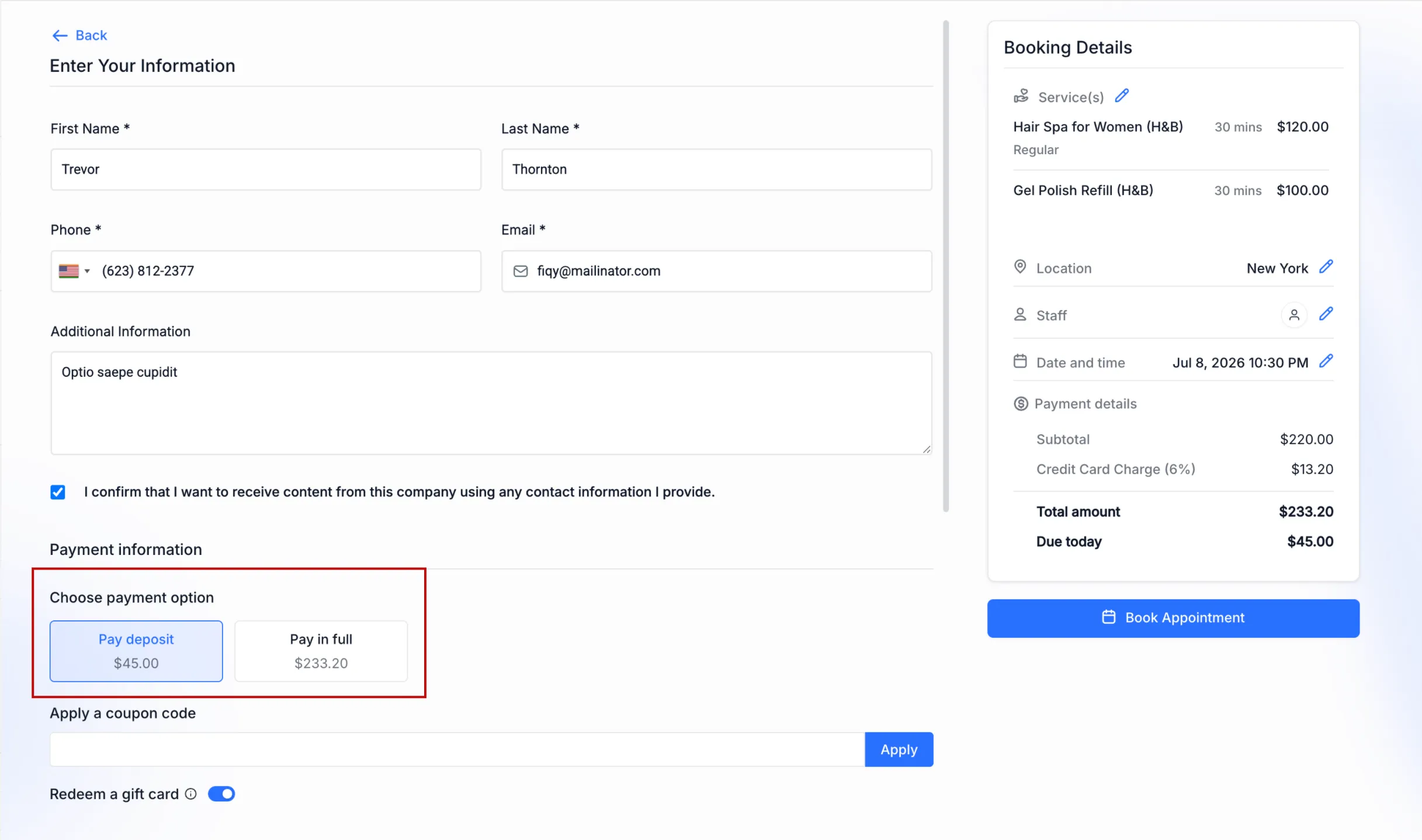 Services payment settings