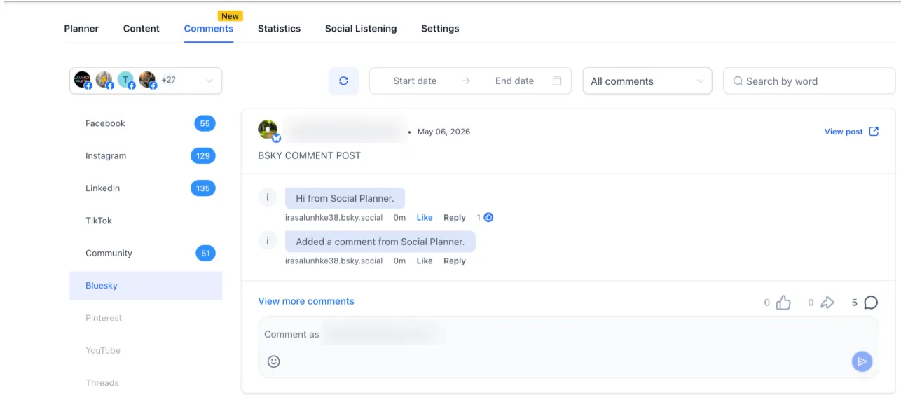 Bluesky comment management in Social Planner