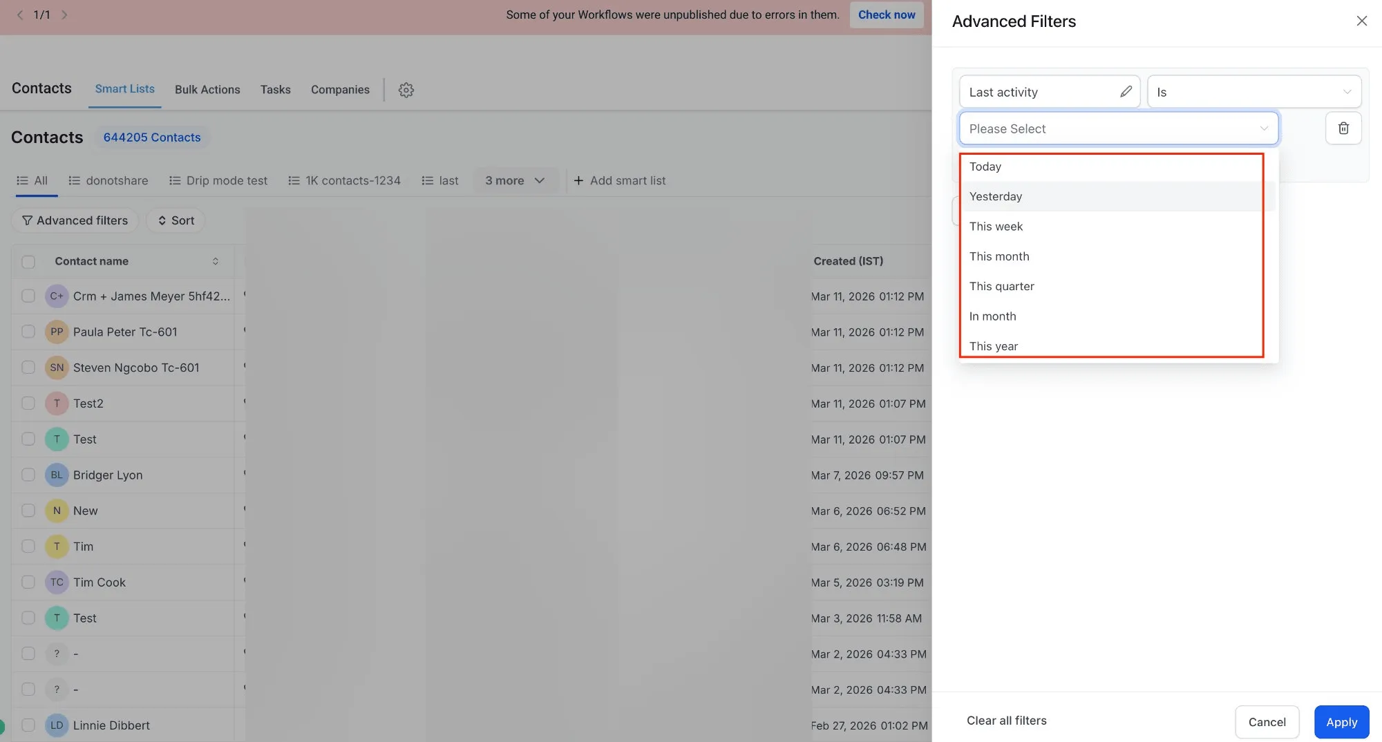 Date filter options