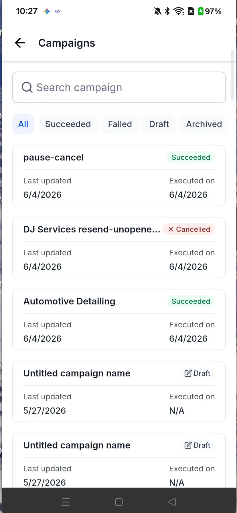 Campaign overview in SMBcrm Mobile app