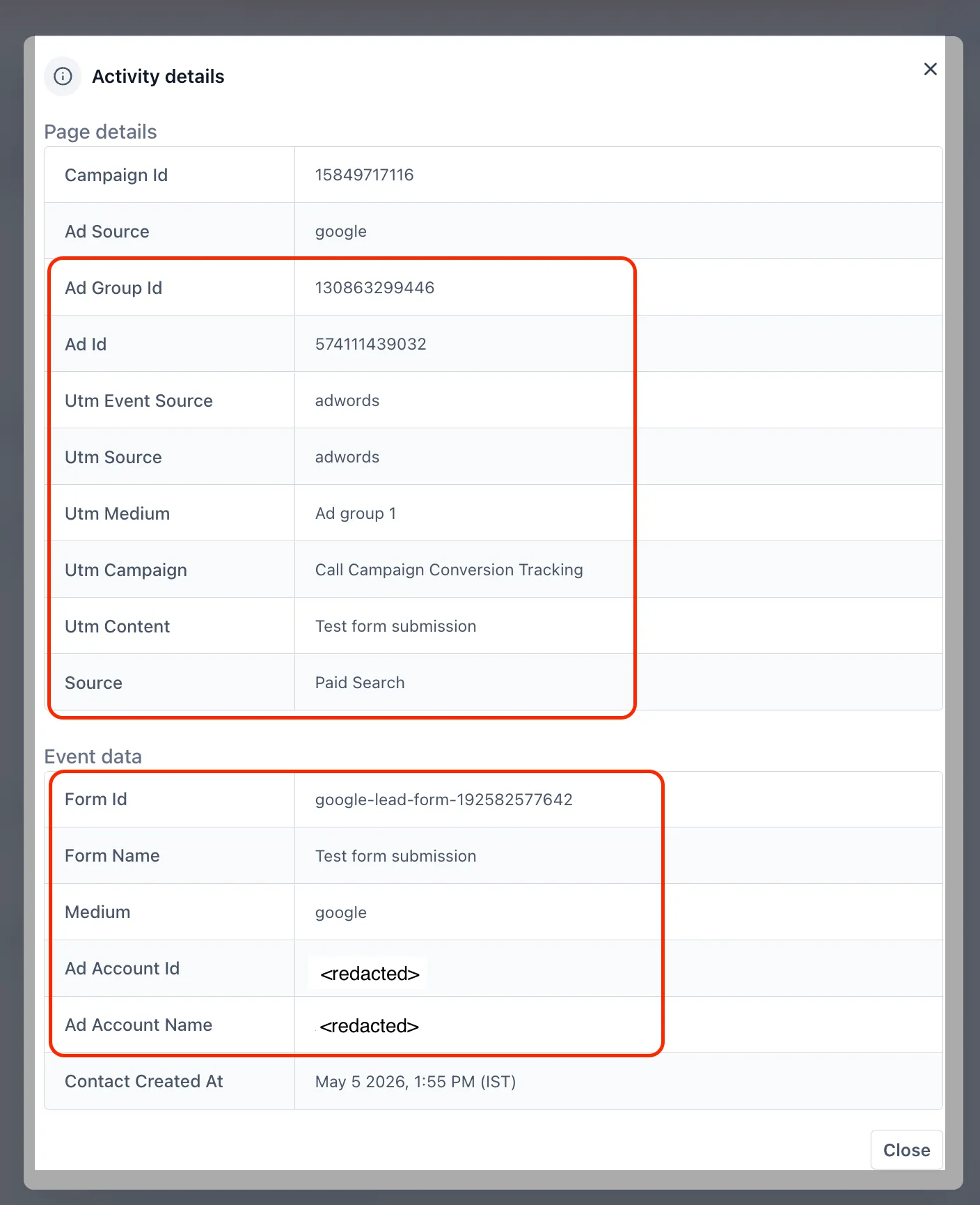 Google Lead Form submission activity