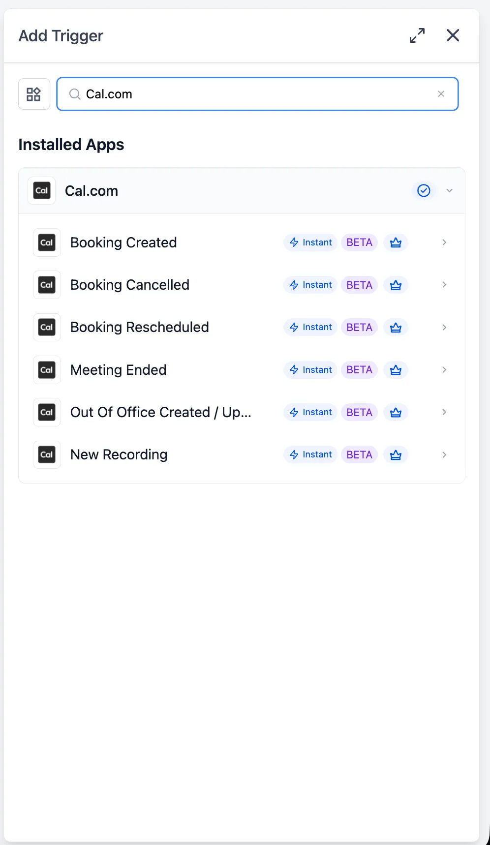 Cal.com workflow trigger list