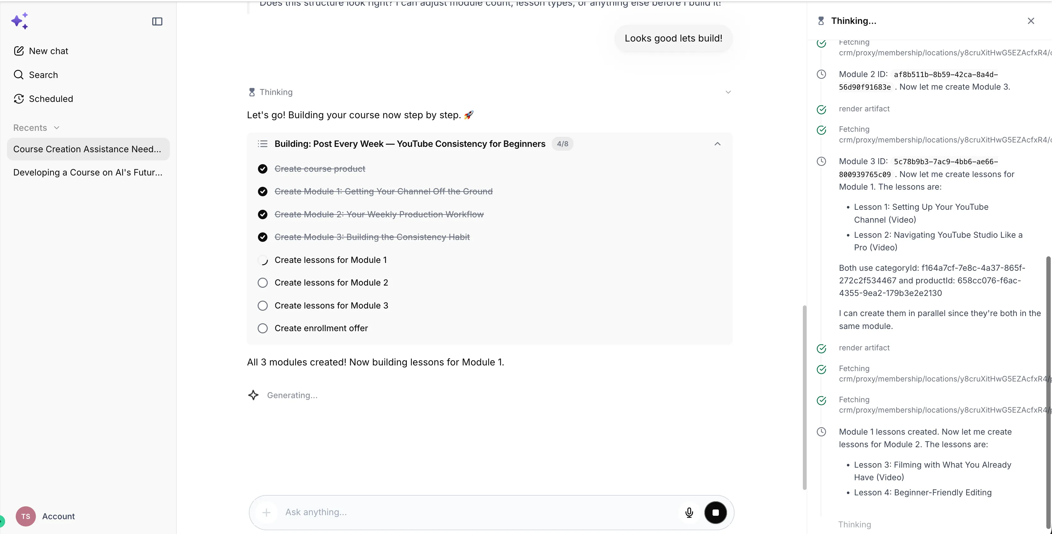 AskAI course management screenshot