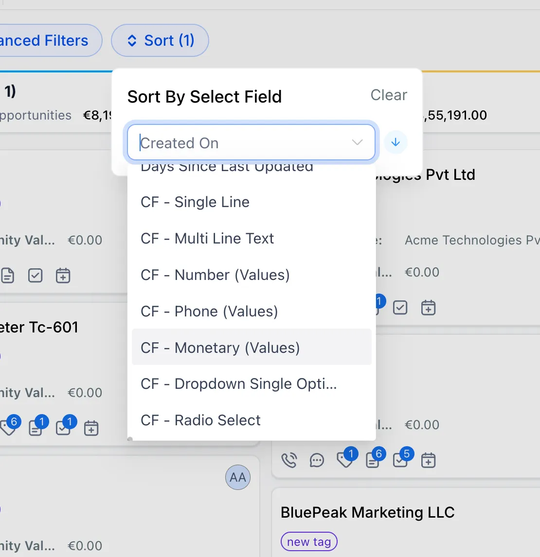 Select a custom field for sorting