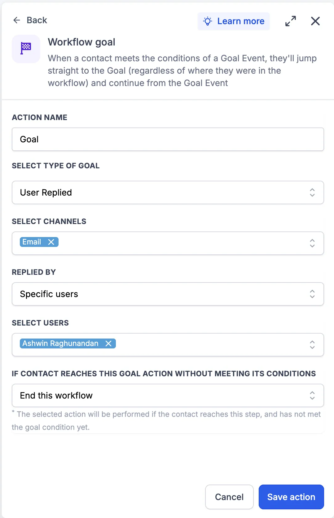 Goal action configuration preview