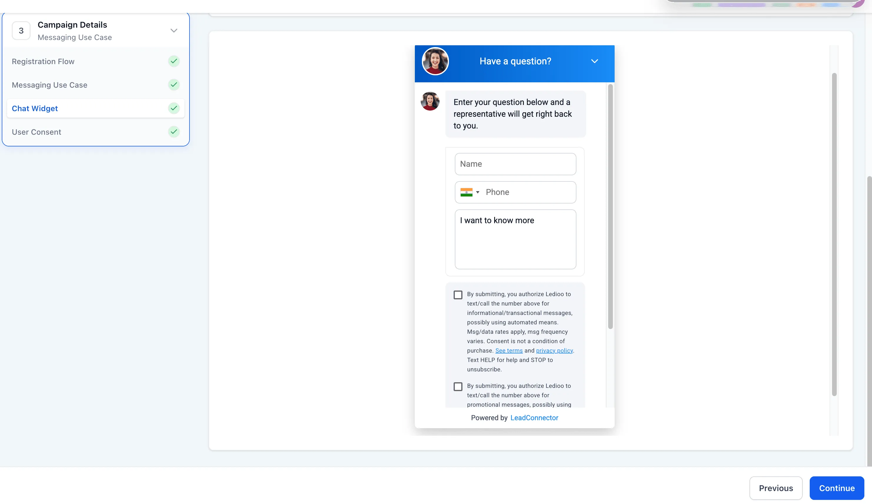 Chat widget consent disclosures