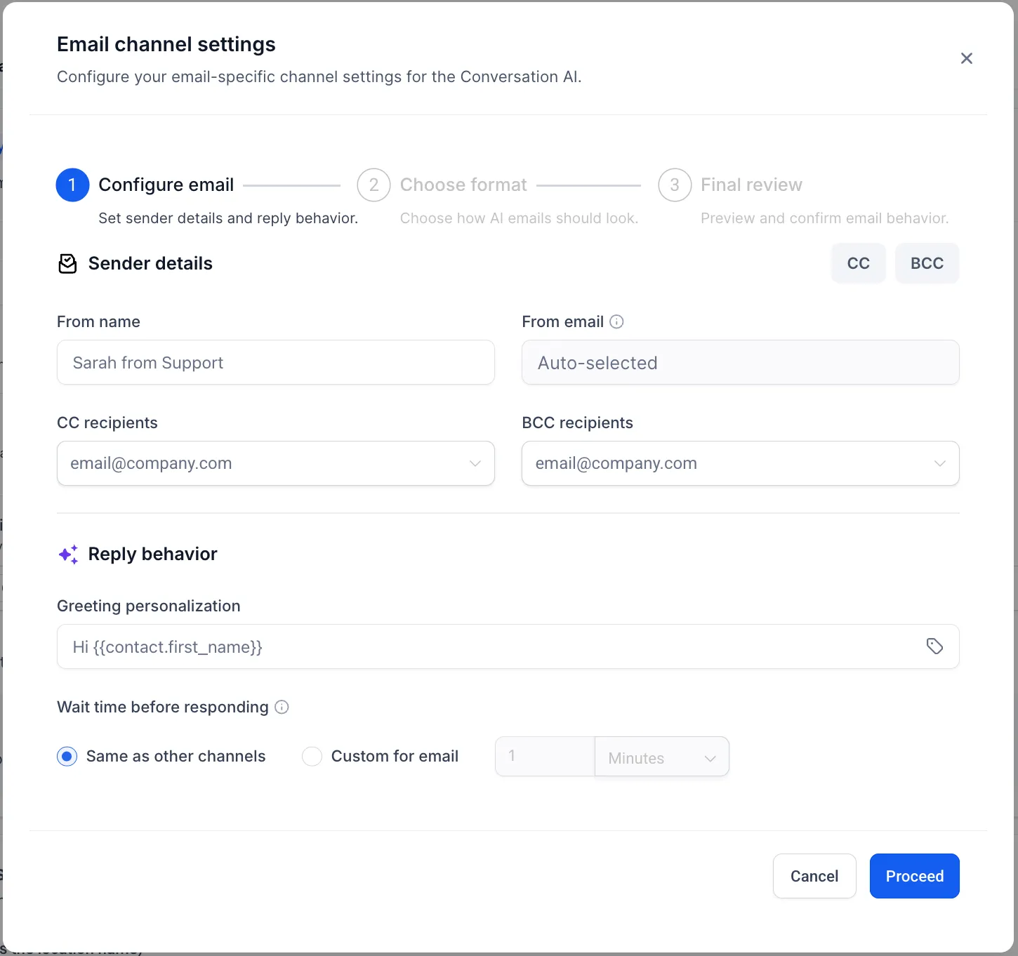 Email advanced settings in Conversation AI