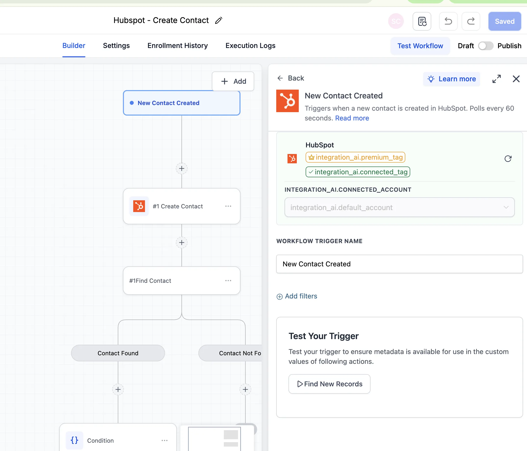 HubSpot trigger setup in workflow builder