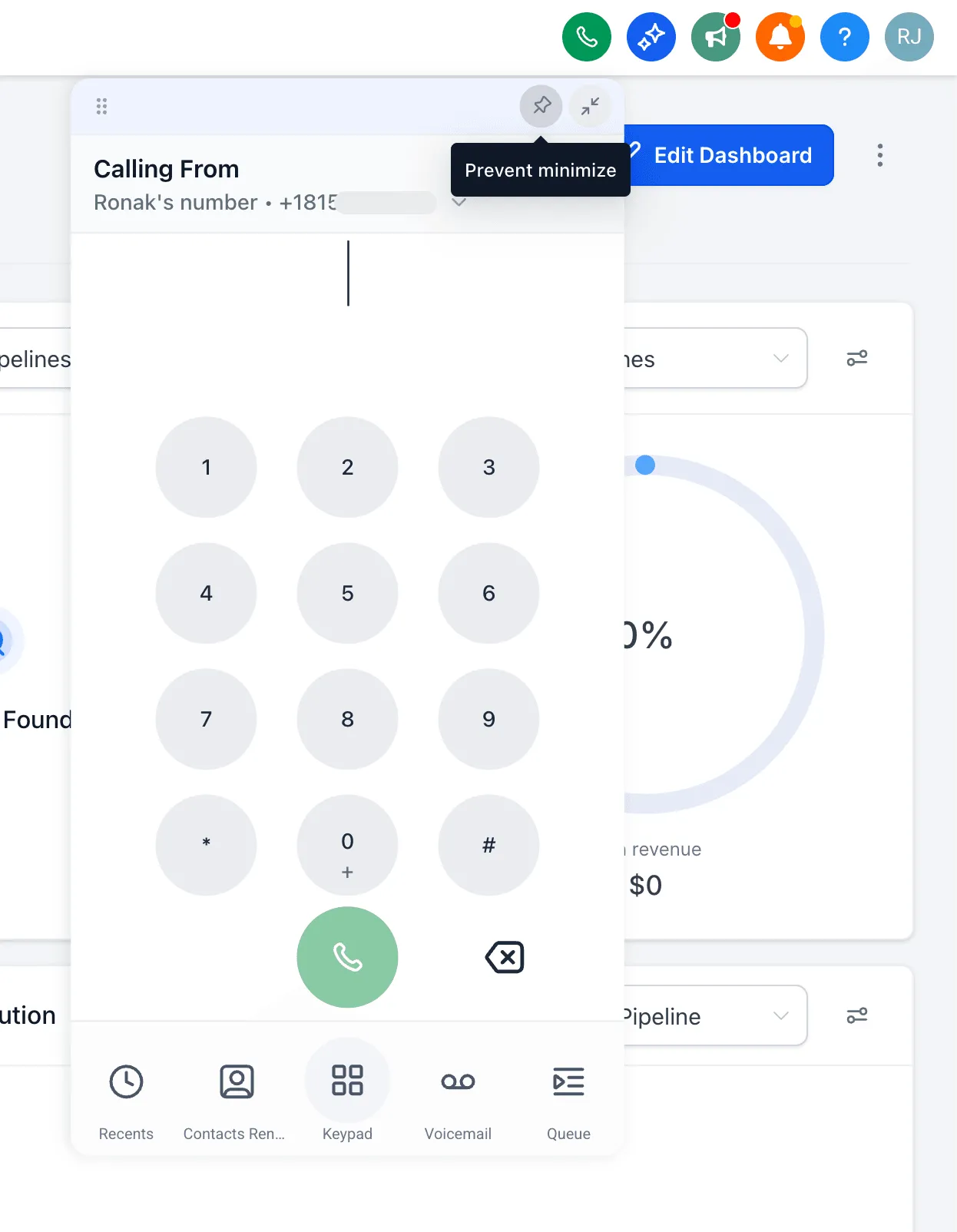 Pinned dialer