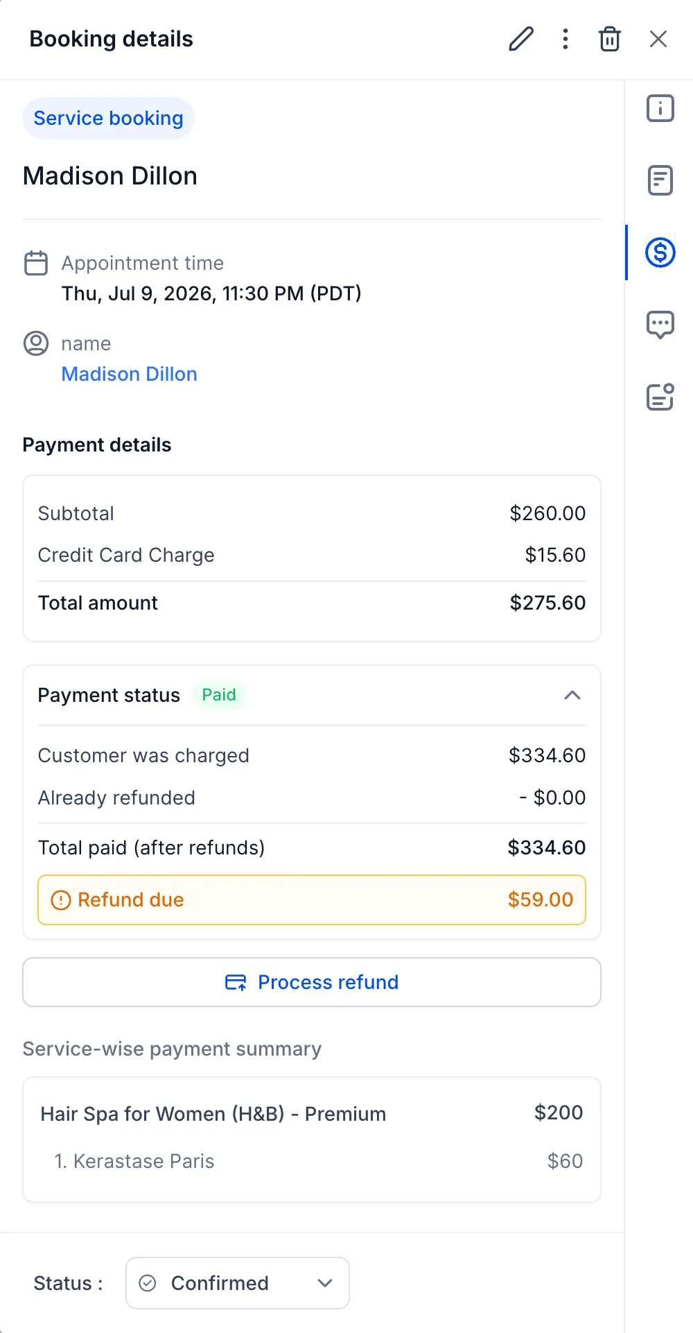 Updated payment status for a booking