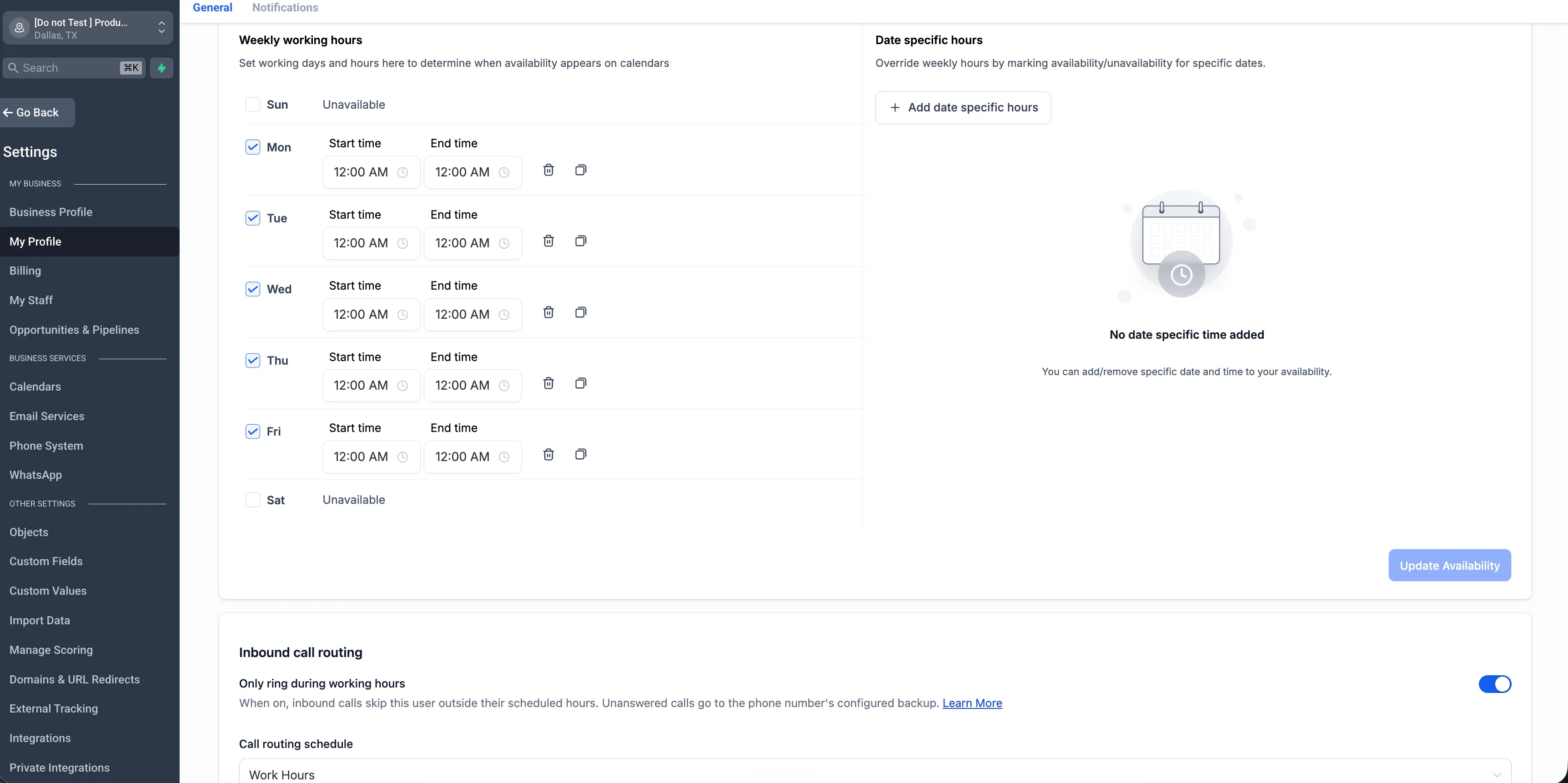 Inbound call routing card in profile settings