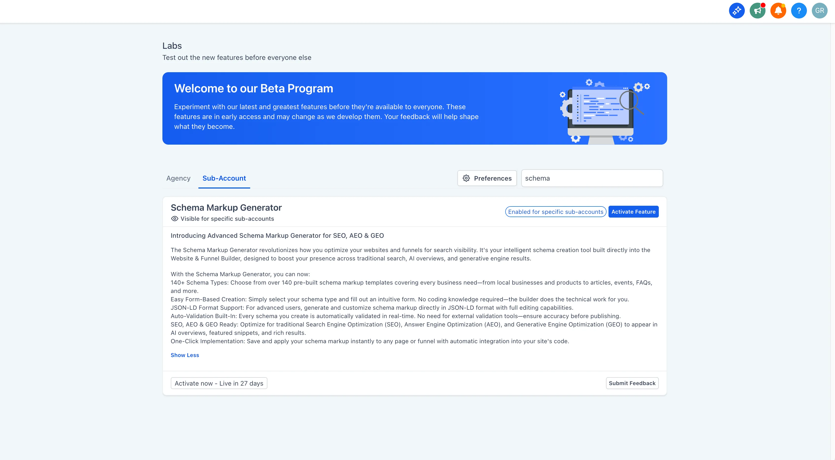 Enable Schema Markup Generator in Labs