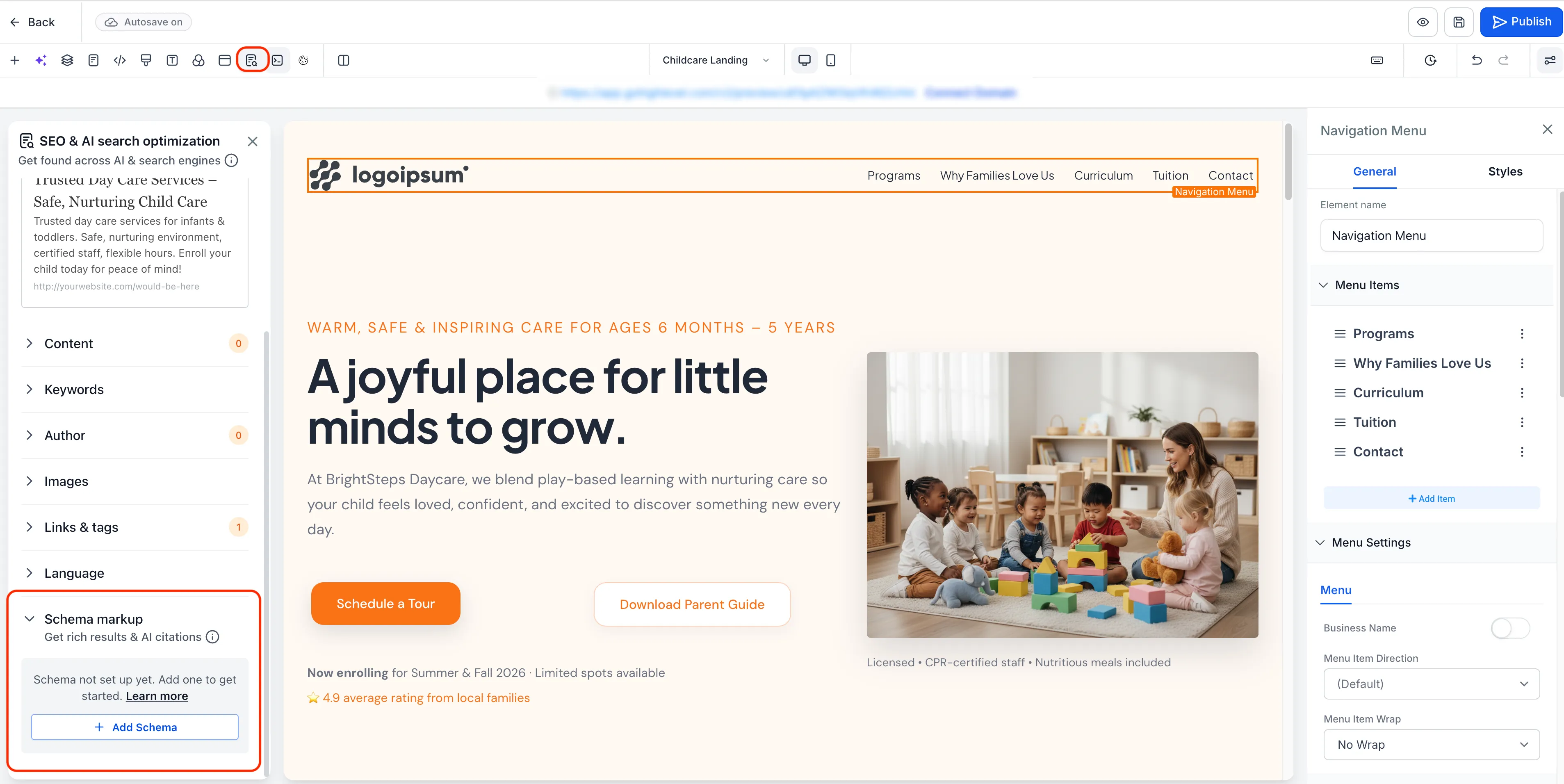 Open Schema Markup in the page editor
