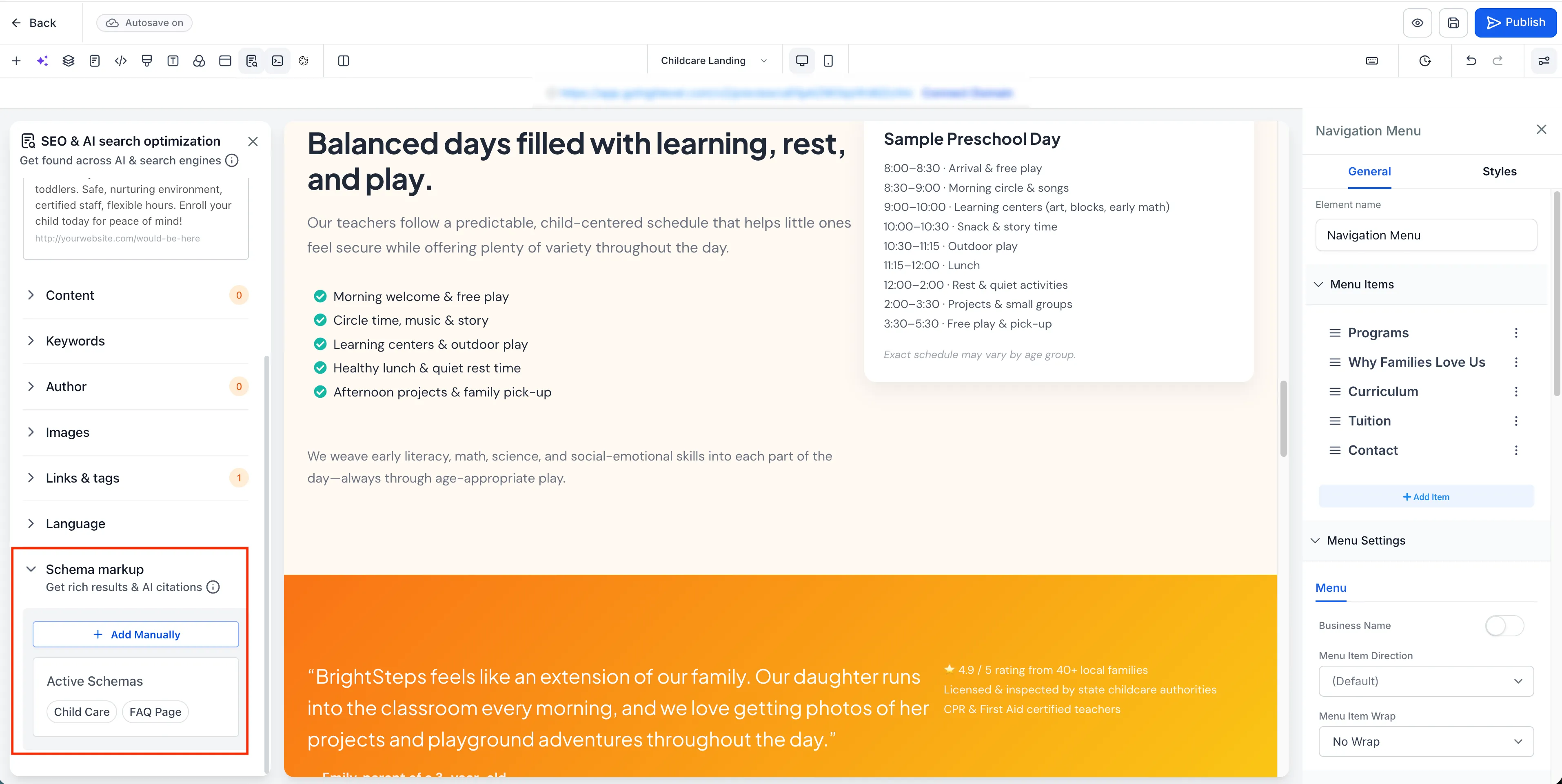 Saved schema on page