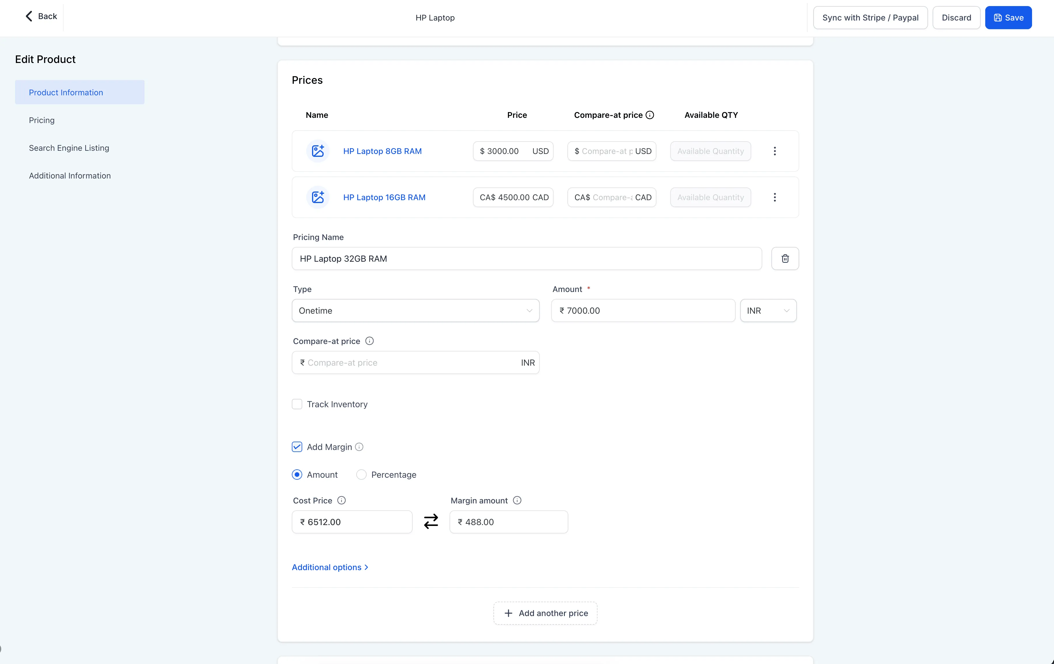 Product cost price and margin setup