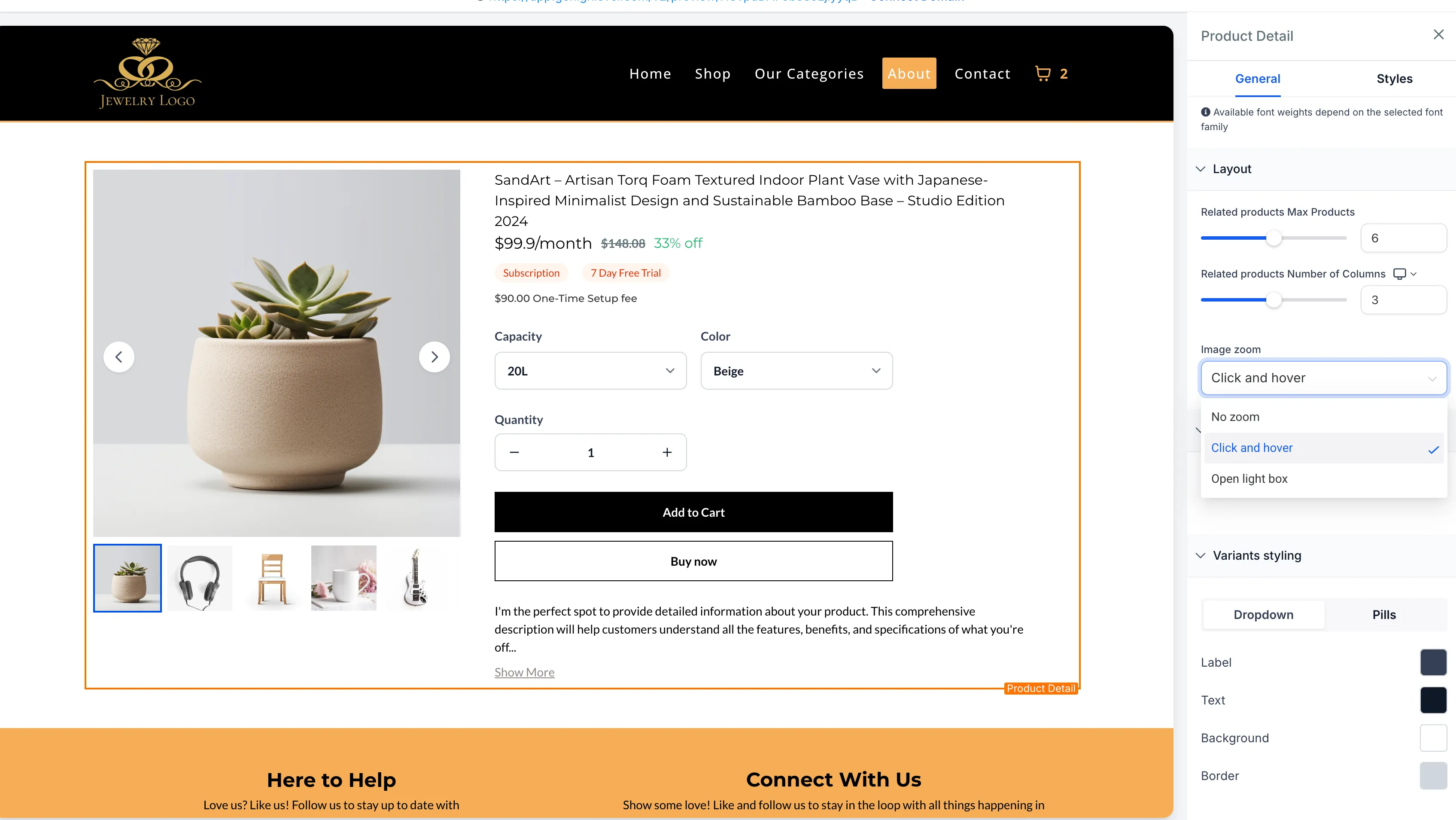 Product image zoom setting in the builder