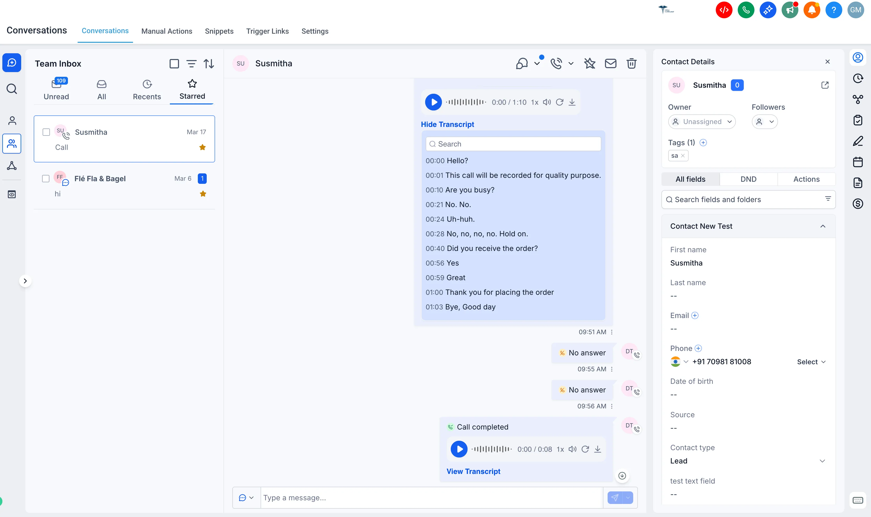 Contact details remain accessible while viewing transcript