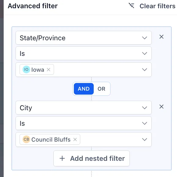 Analytics filter options
