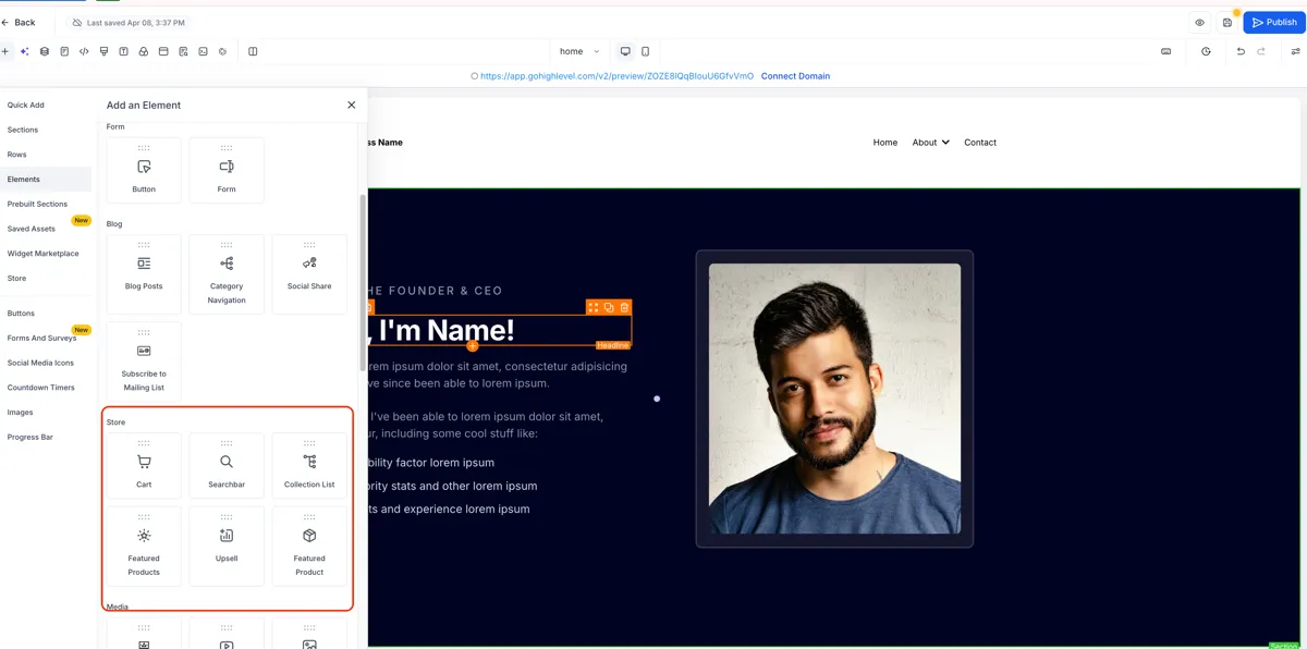 Store elements shown between Blog and Media when no store exists
