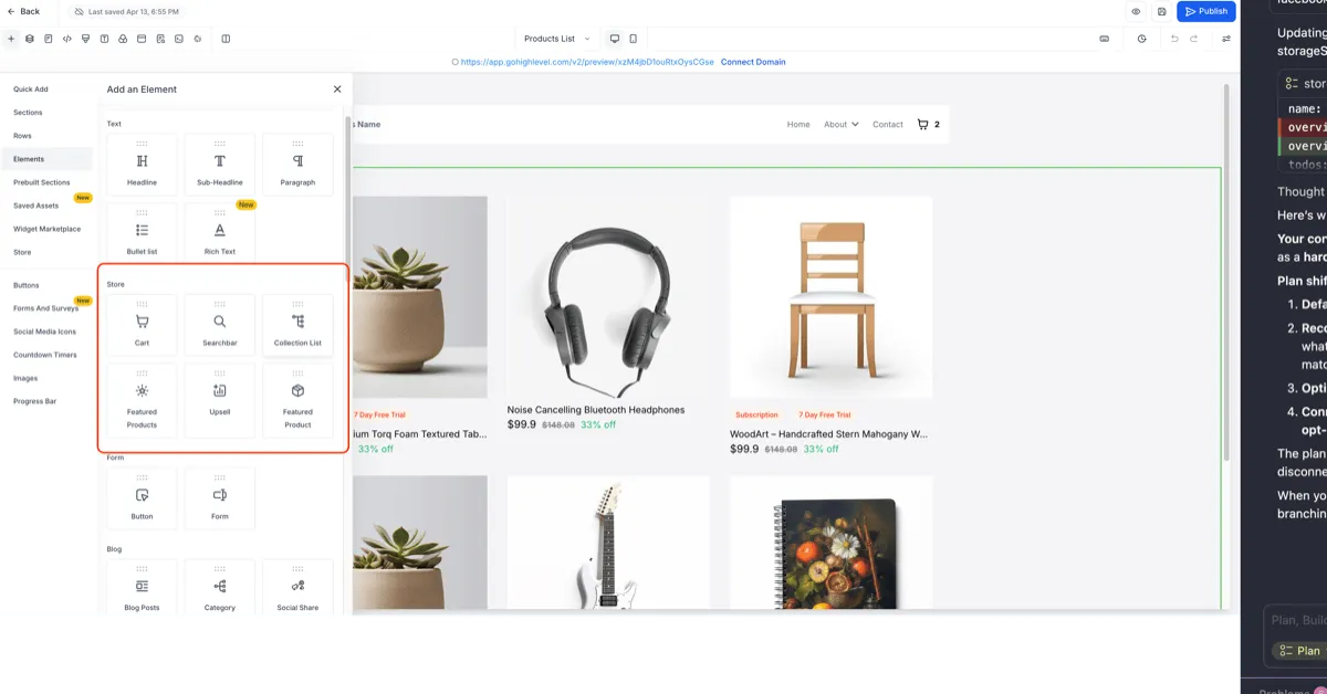 Store elements shown at the top when a store exists