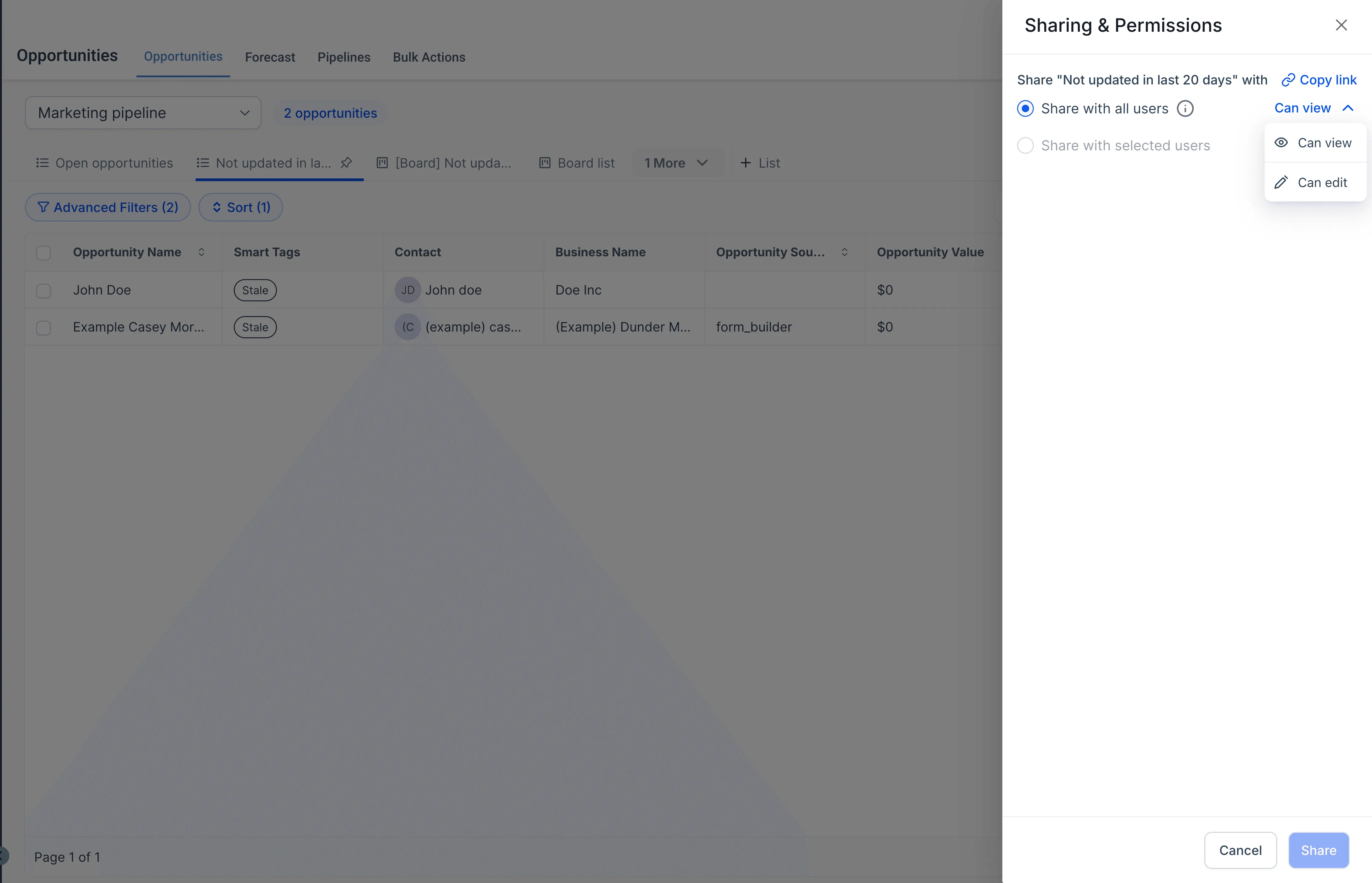 Sharing and permissions for Opportunity Smart Lists