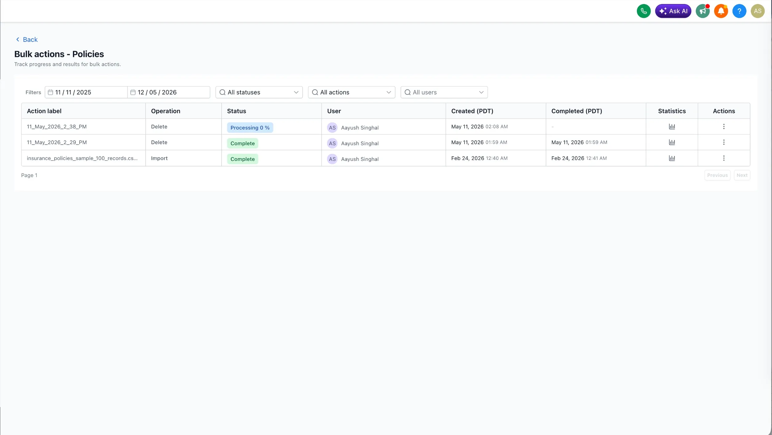 Bulk delete progress and logs