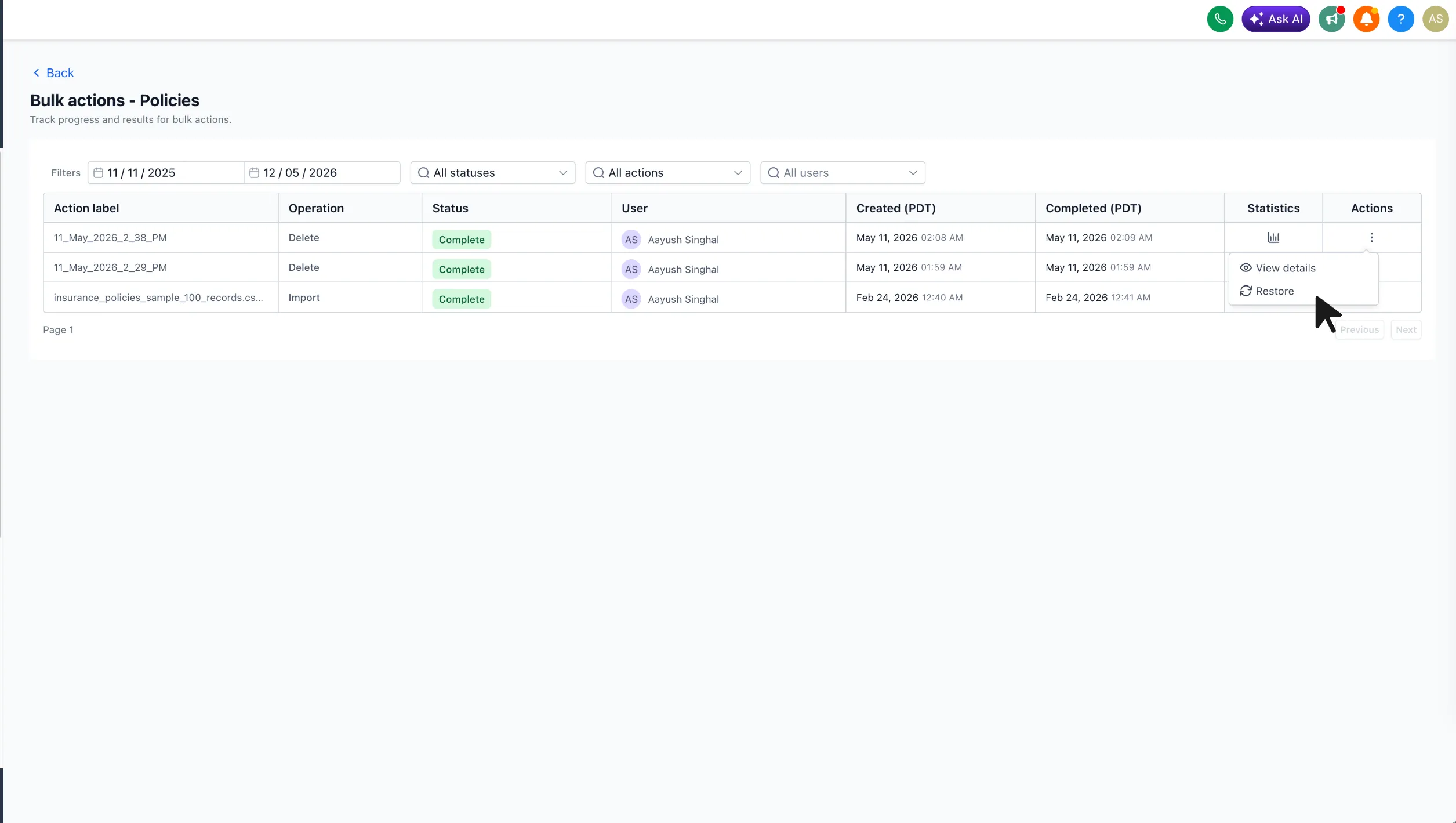 Restore bulk-deleted records