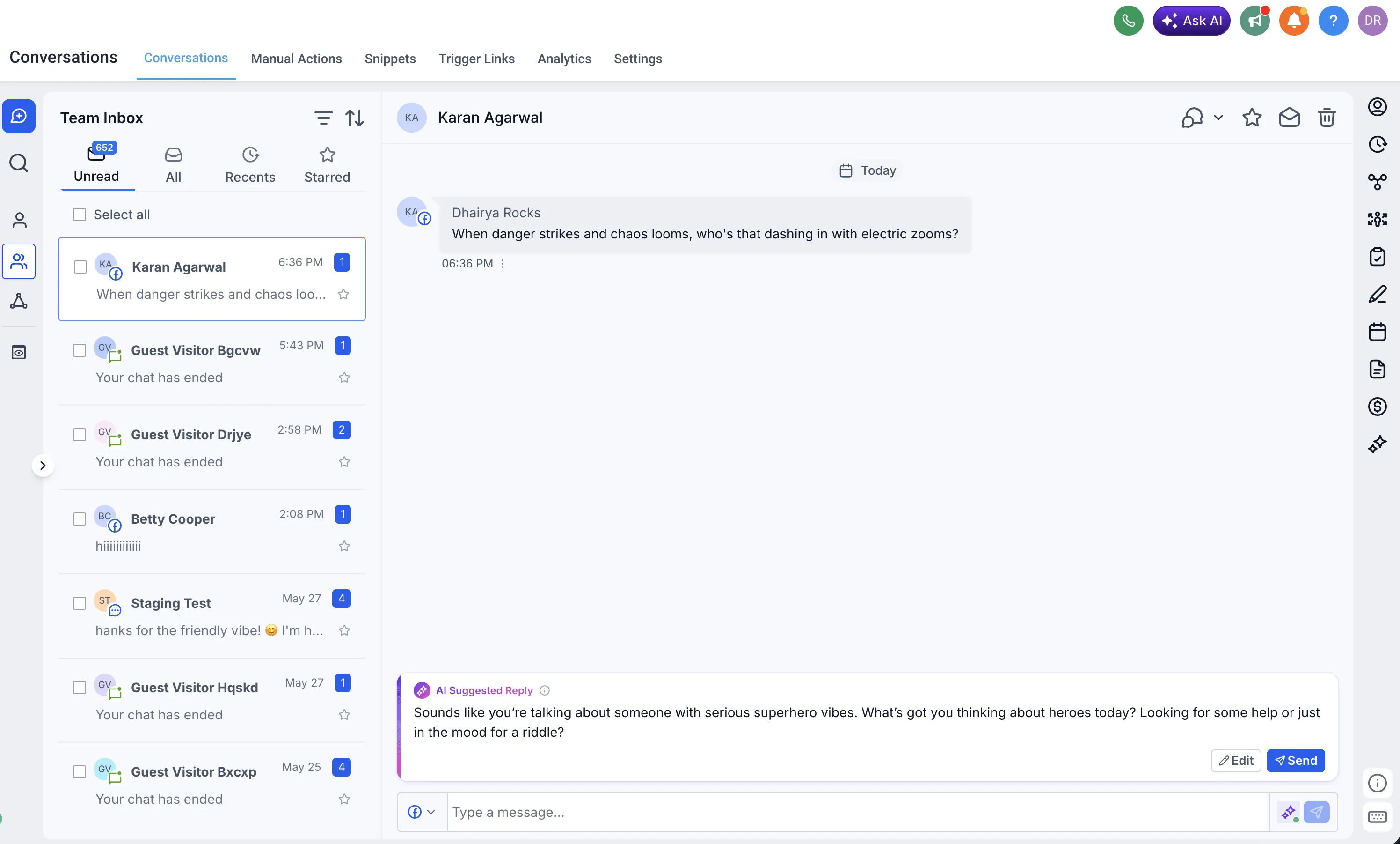 AI reply suggestion card in conversations