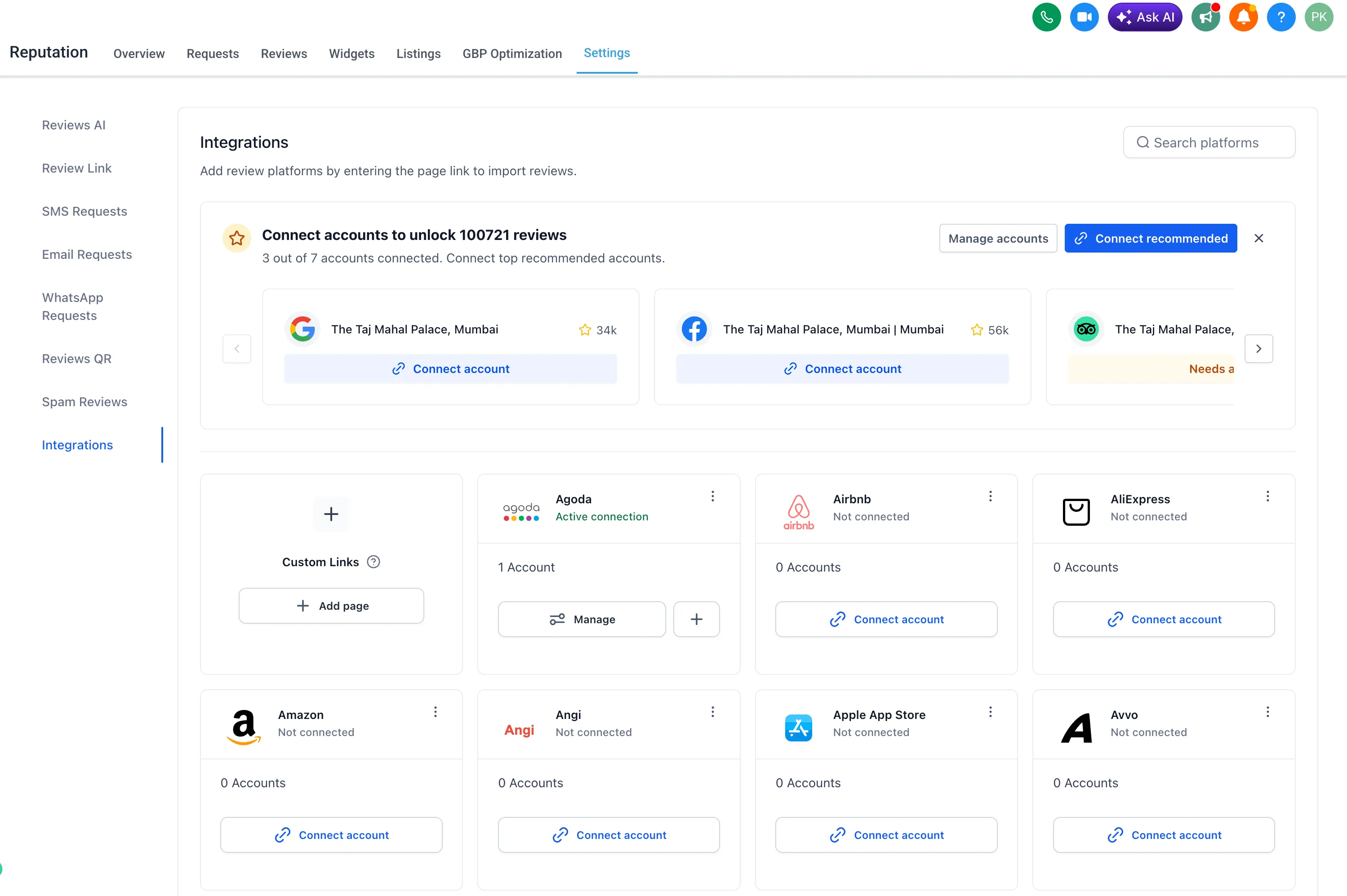 Connect recommended review profiles