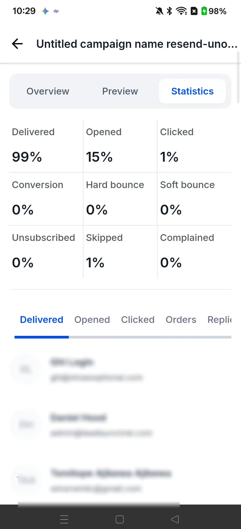 Campaign statistics in SMBcrm Mobile app