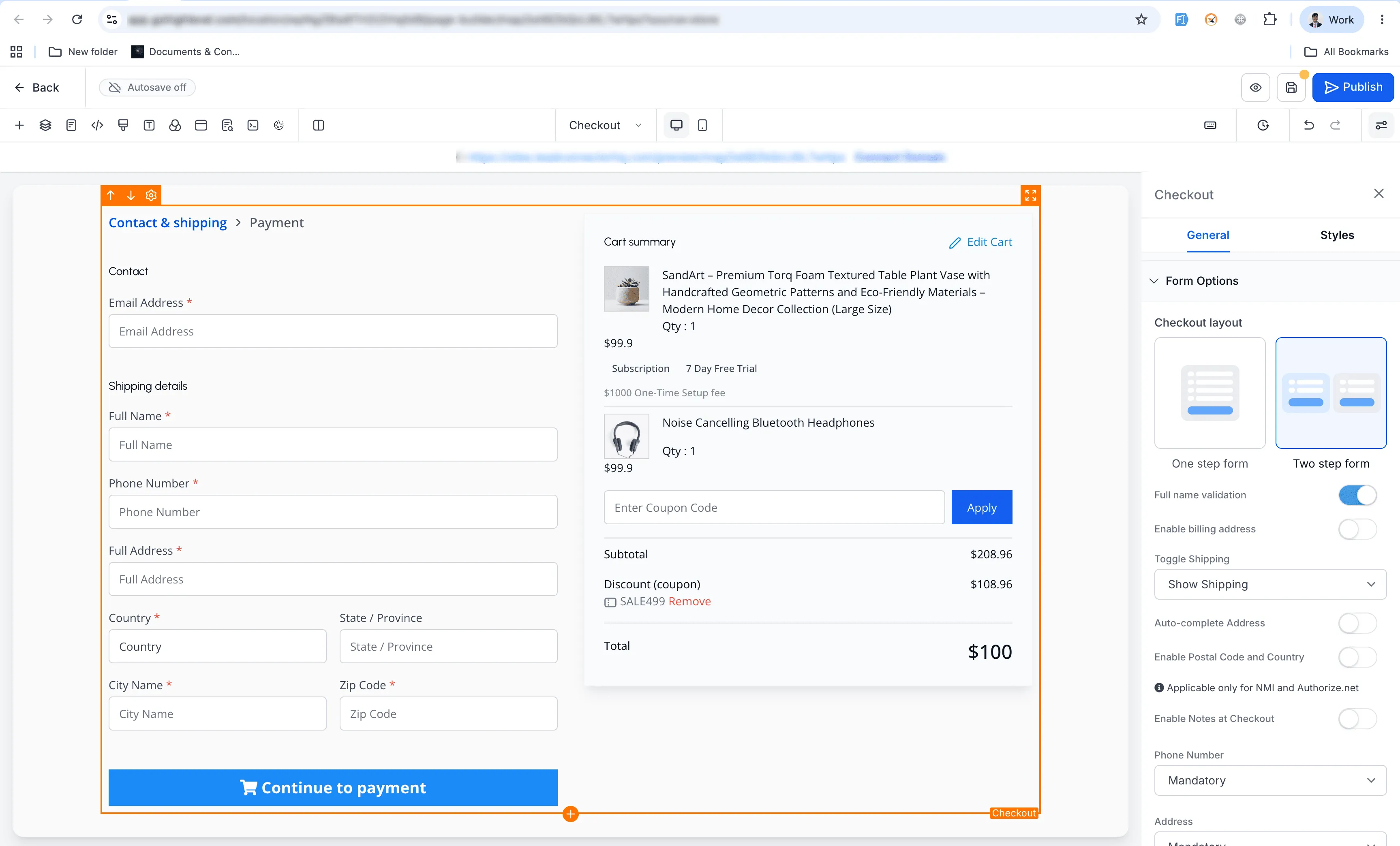 Two-step checkout billing and review step