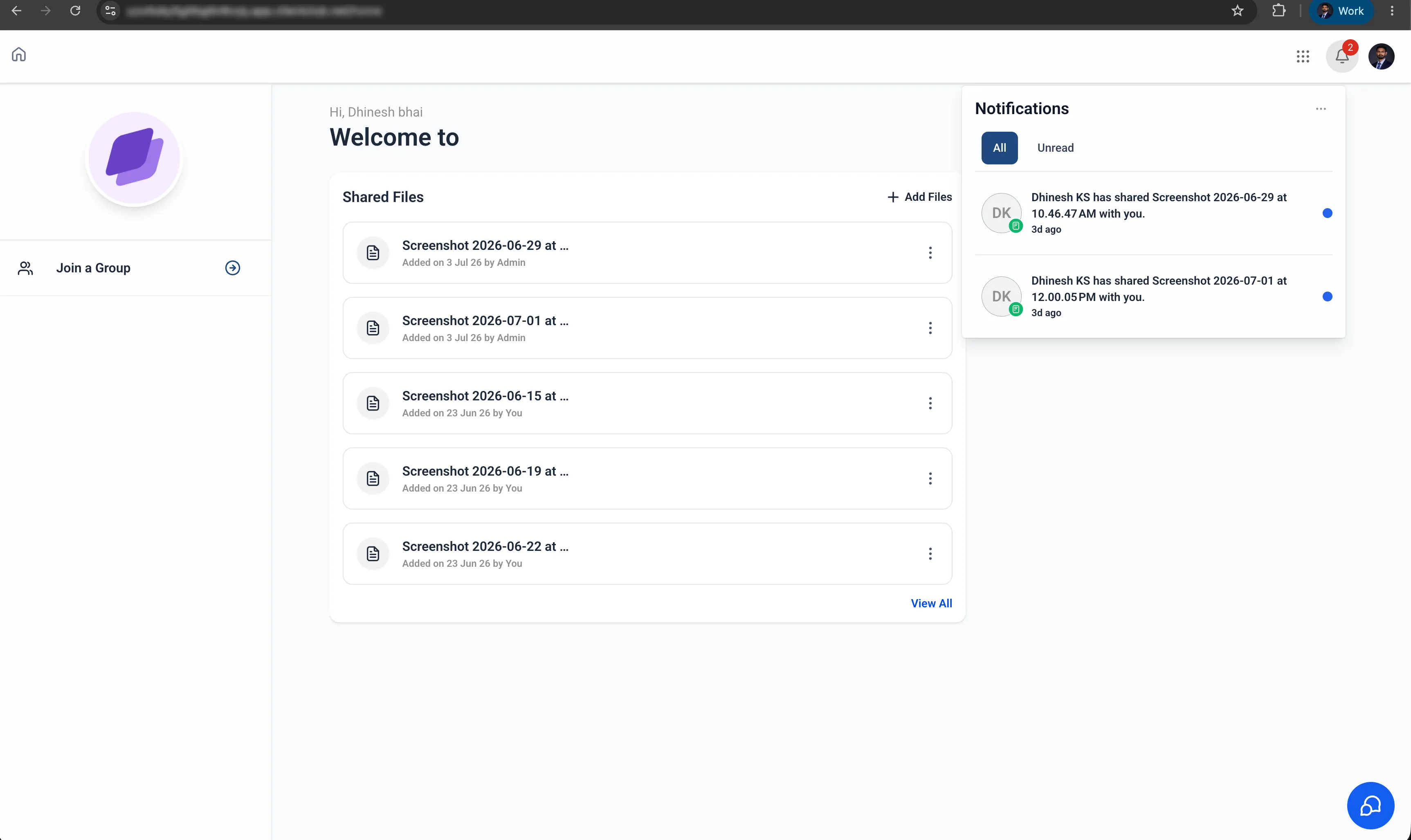 Client Portal file share notification