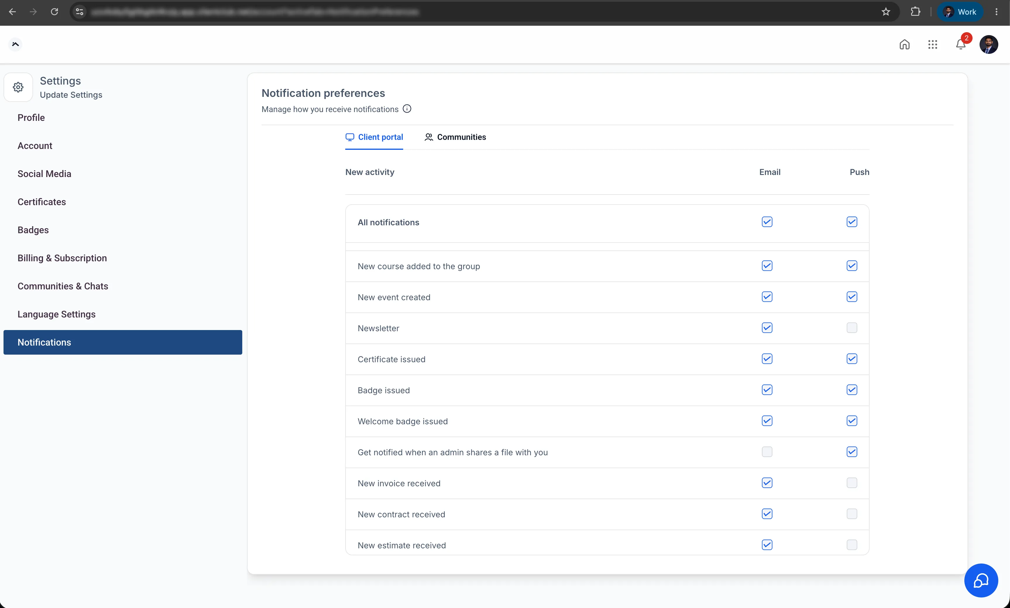 Client Portal notification preferences